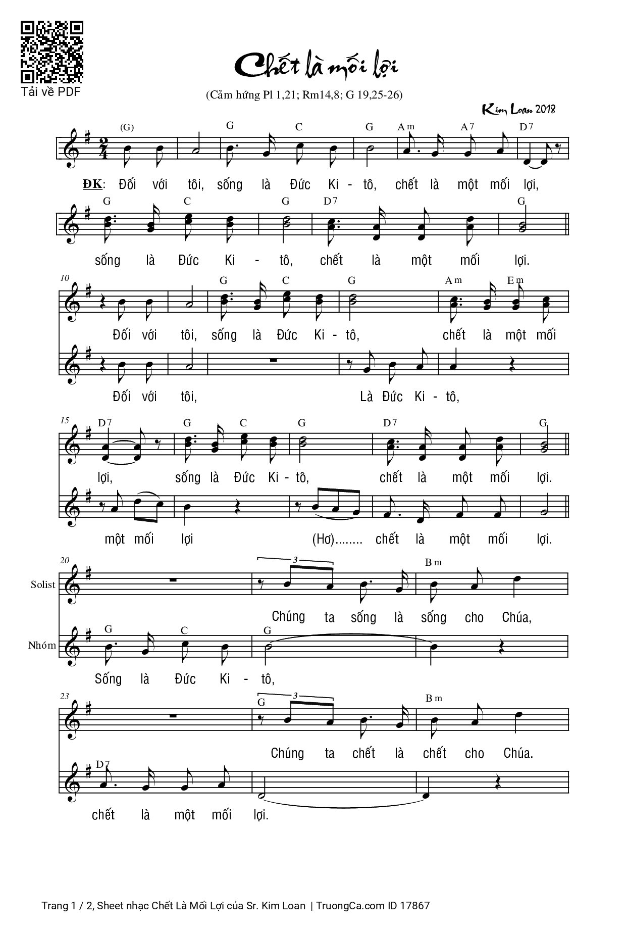 Page 1 of Sheet music PDF Chết Là Mối Lợi - Sr. Kim Loan