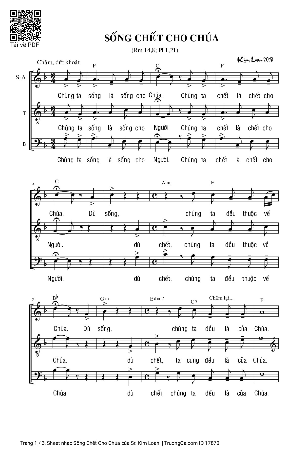 Sheet PDF of Sống Chết Cho Chúa