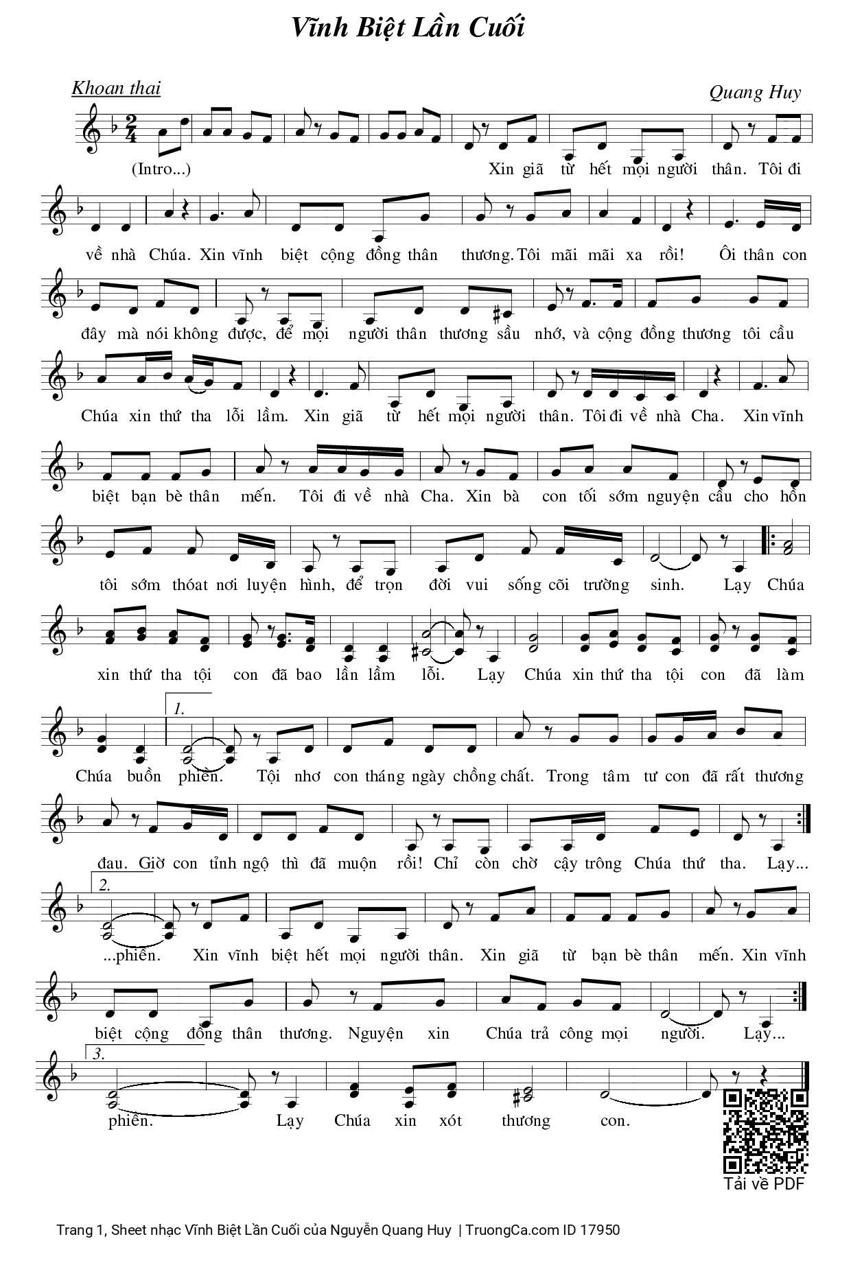 Sheet PDF of Vĩnh Biệt Lần Cuối