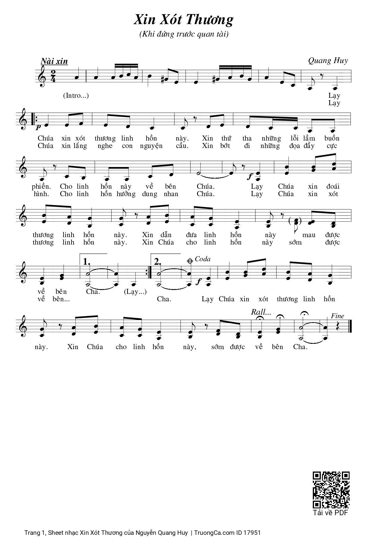 Page 1 of Sheet music PDF Xin Xót Thương - Nguyễn Quang Huy