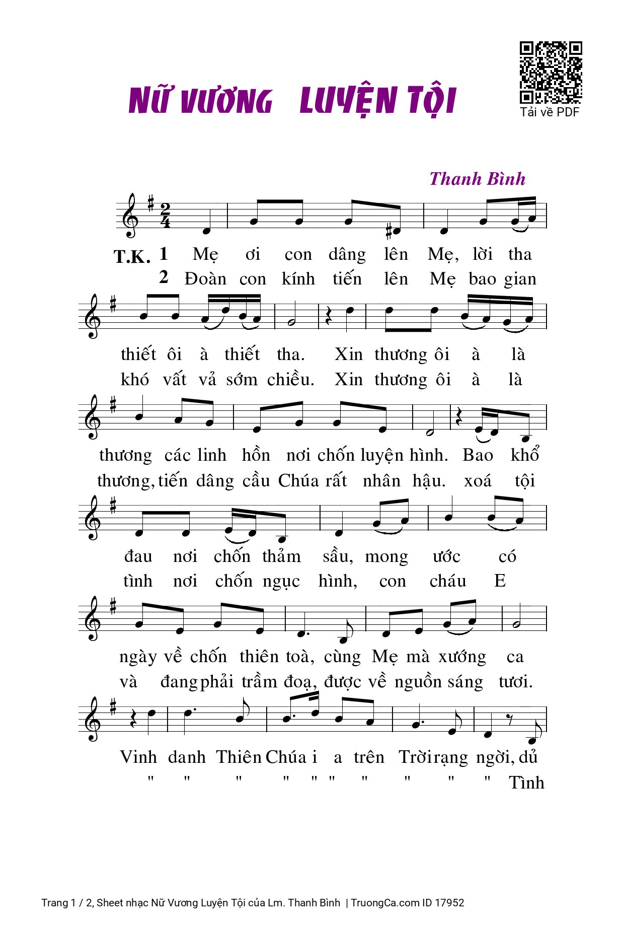 Sheet PDF of Nữ Vương Luyện Tội