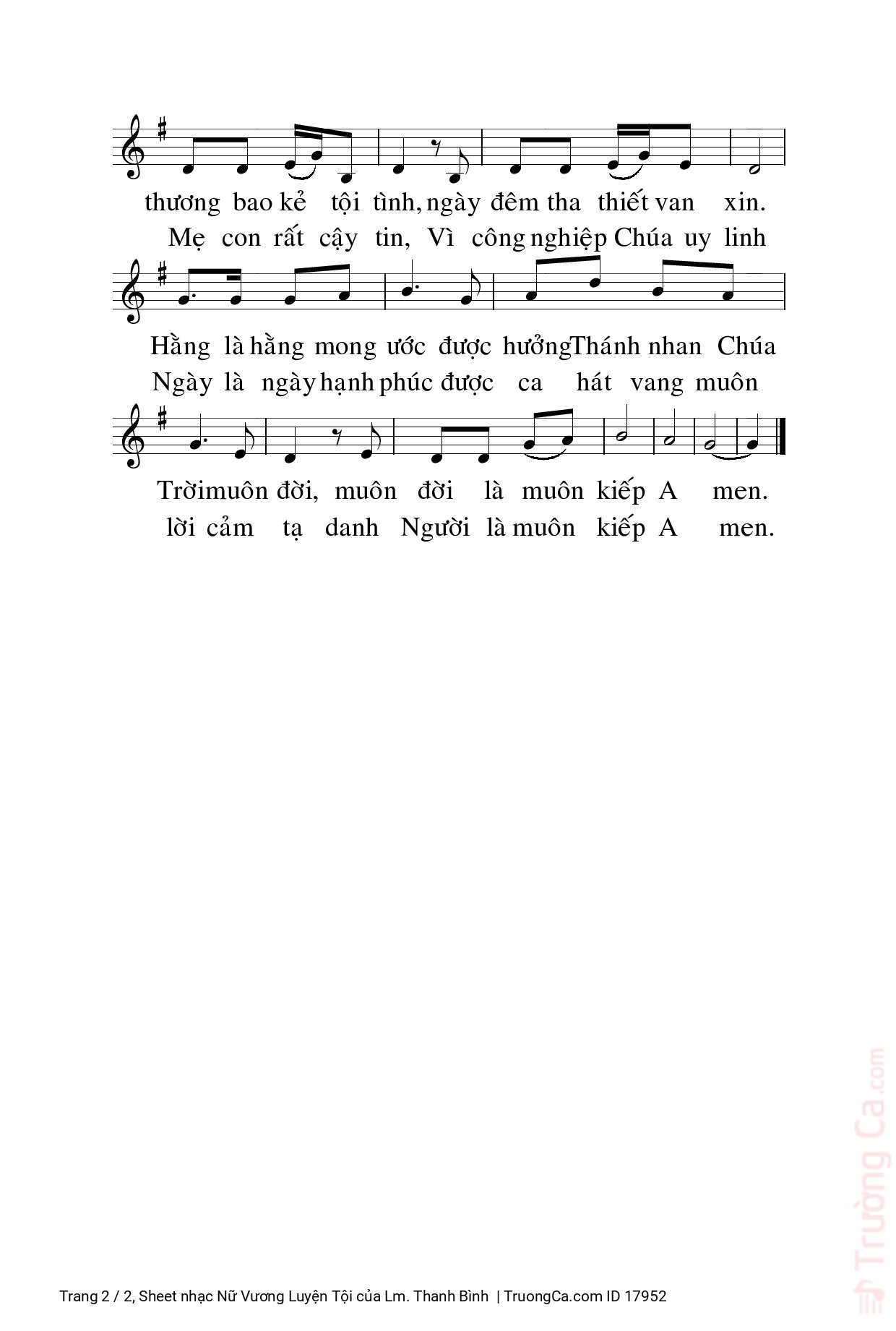 Page 2 of Sheet music PDF Nữ Vương Luyện Tội - Lm. Thanh Bình