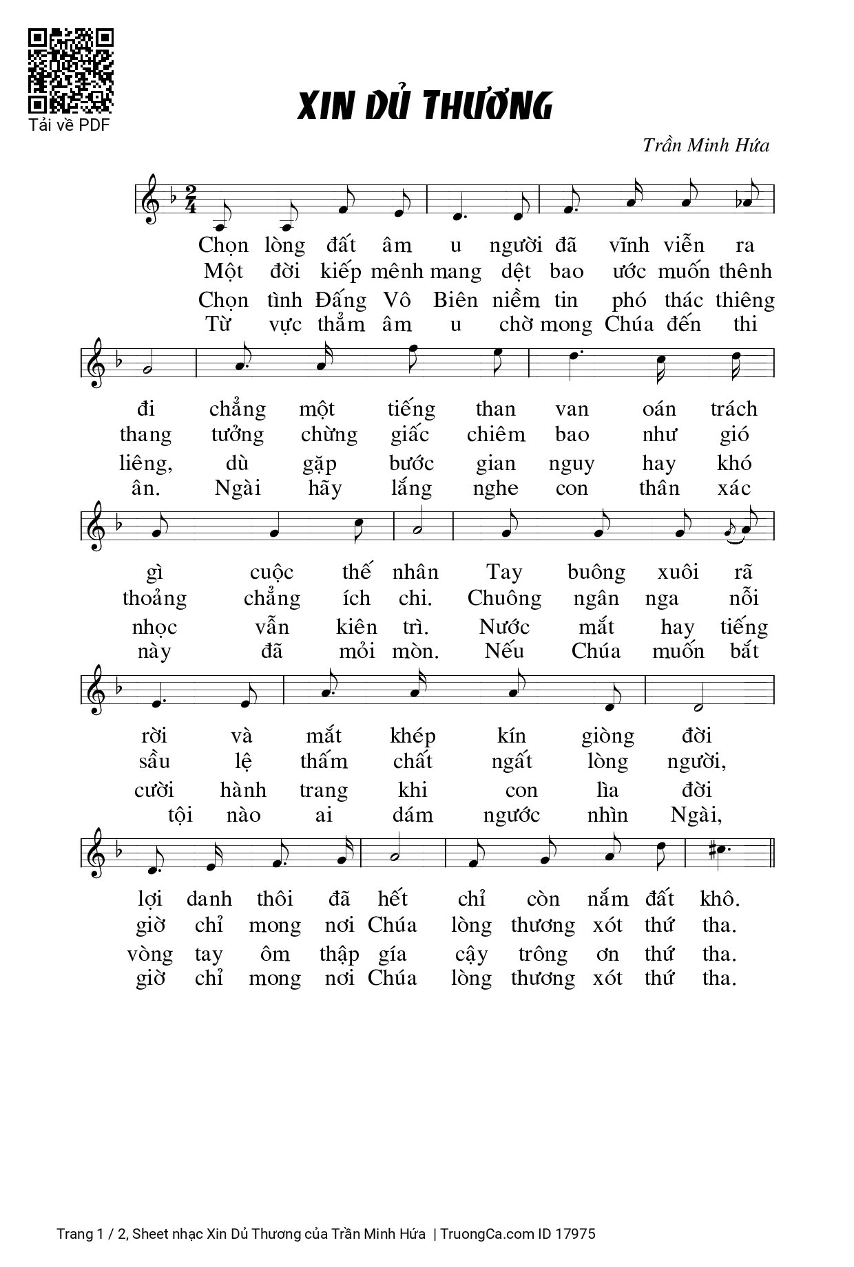 Page 1 of Sheet music PDF Xin Dủ Thương - Trần Minh Hứa