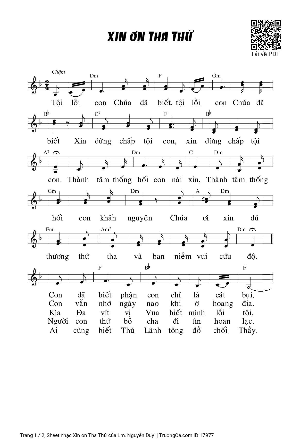 Sheet PDF of Xin ơn Tha Thứ