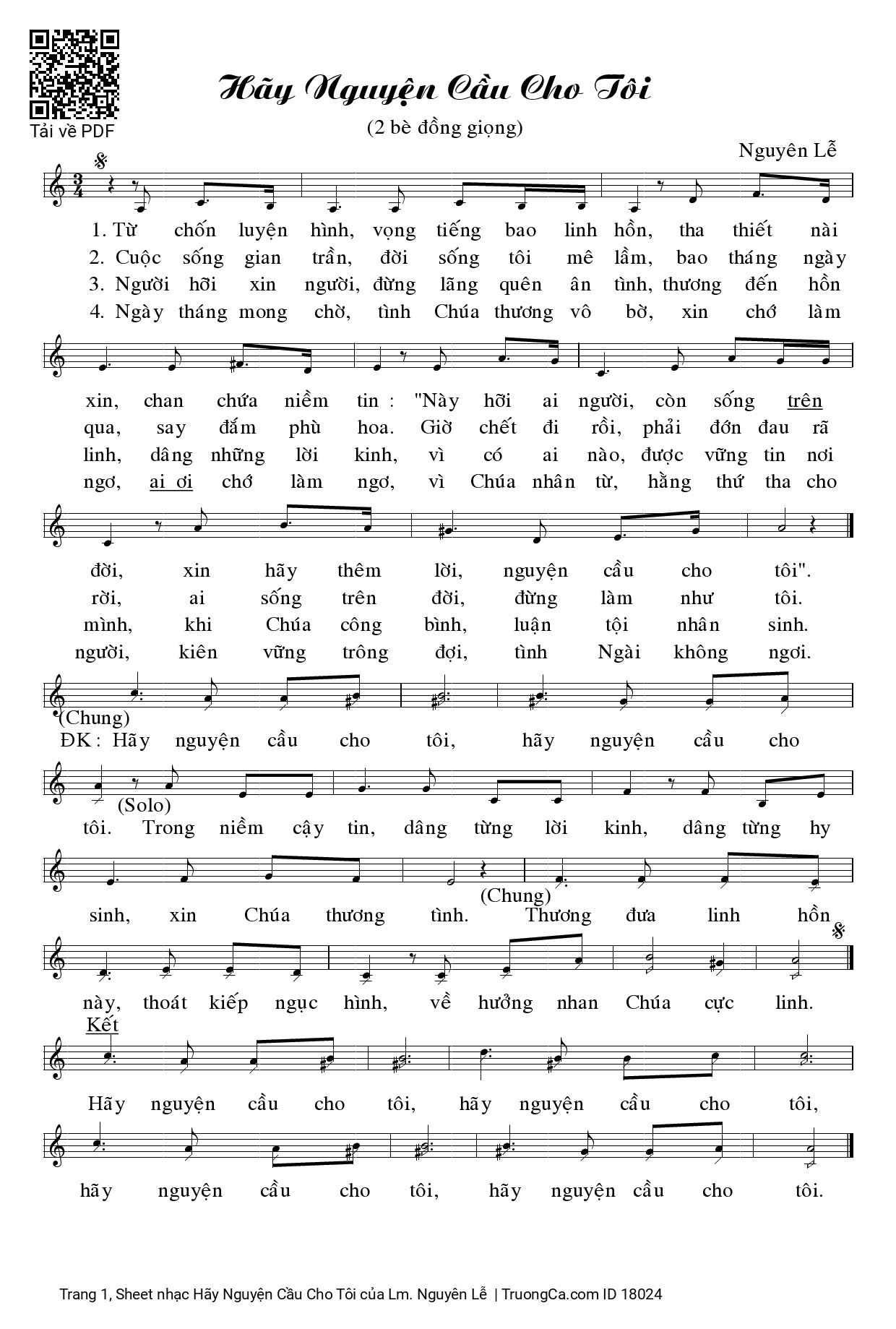 Sheet PDF of Hãy Nguyện Cầu Cho Tôi