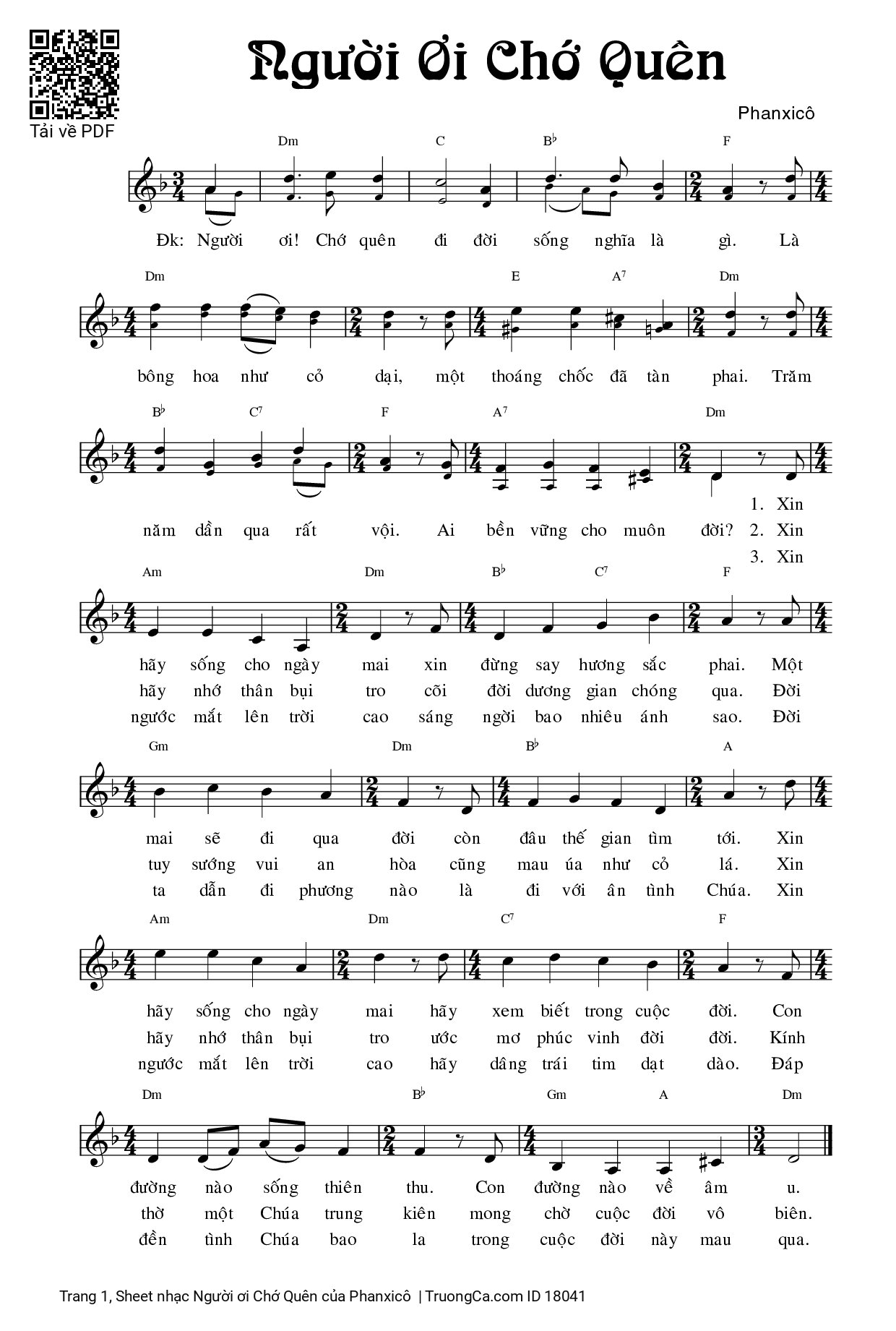 Page 1 of Sheet music PDF Người ơi Chớ Quên - Phanxicô