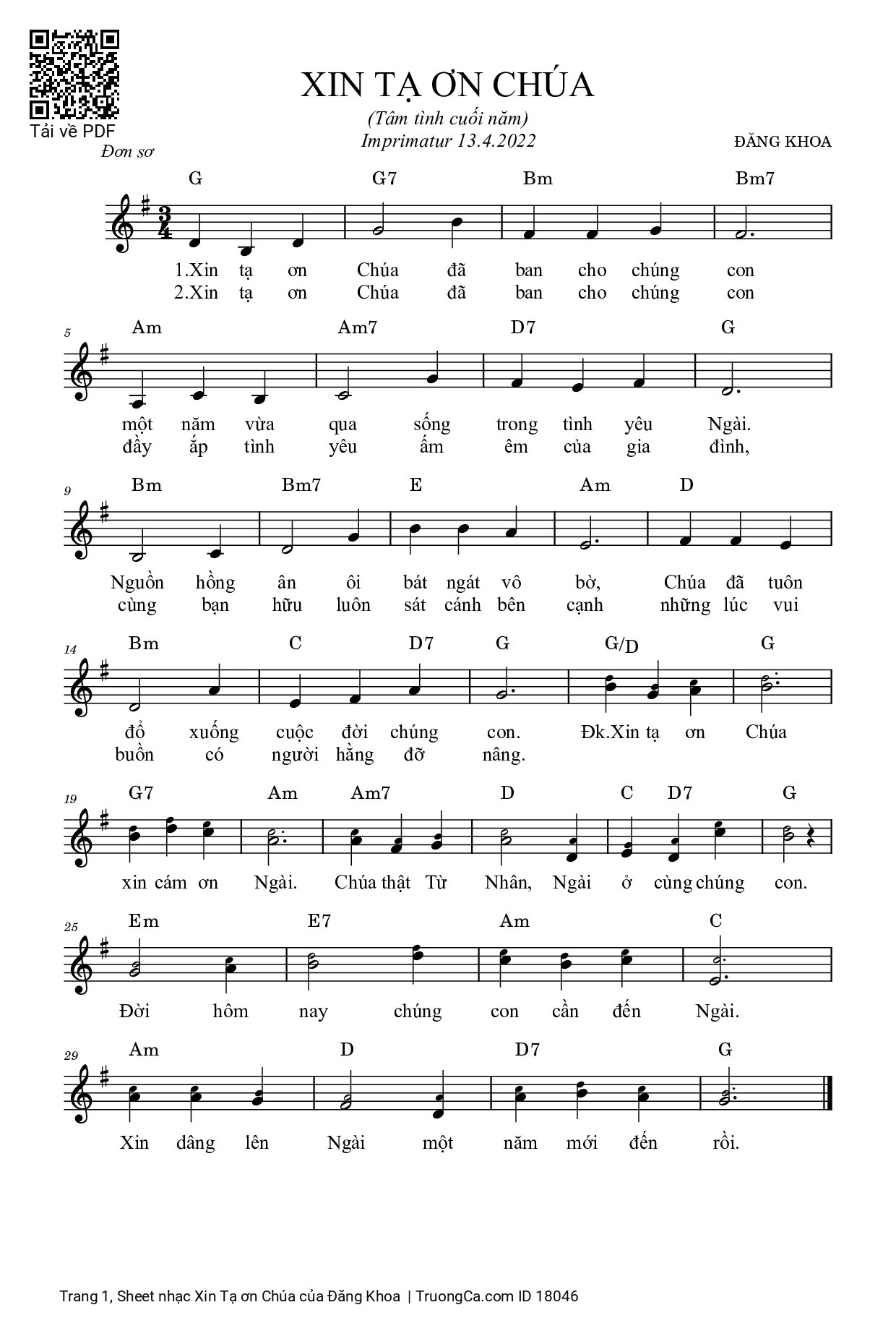 Page 1 of Sheet music PDF Xin Tạ ơn Chúa - Đăng Khoa
