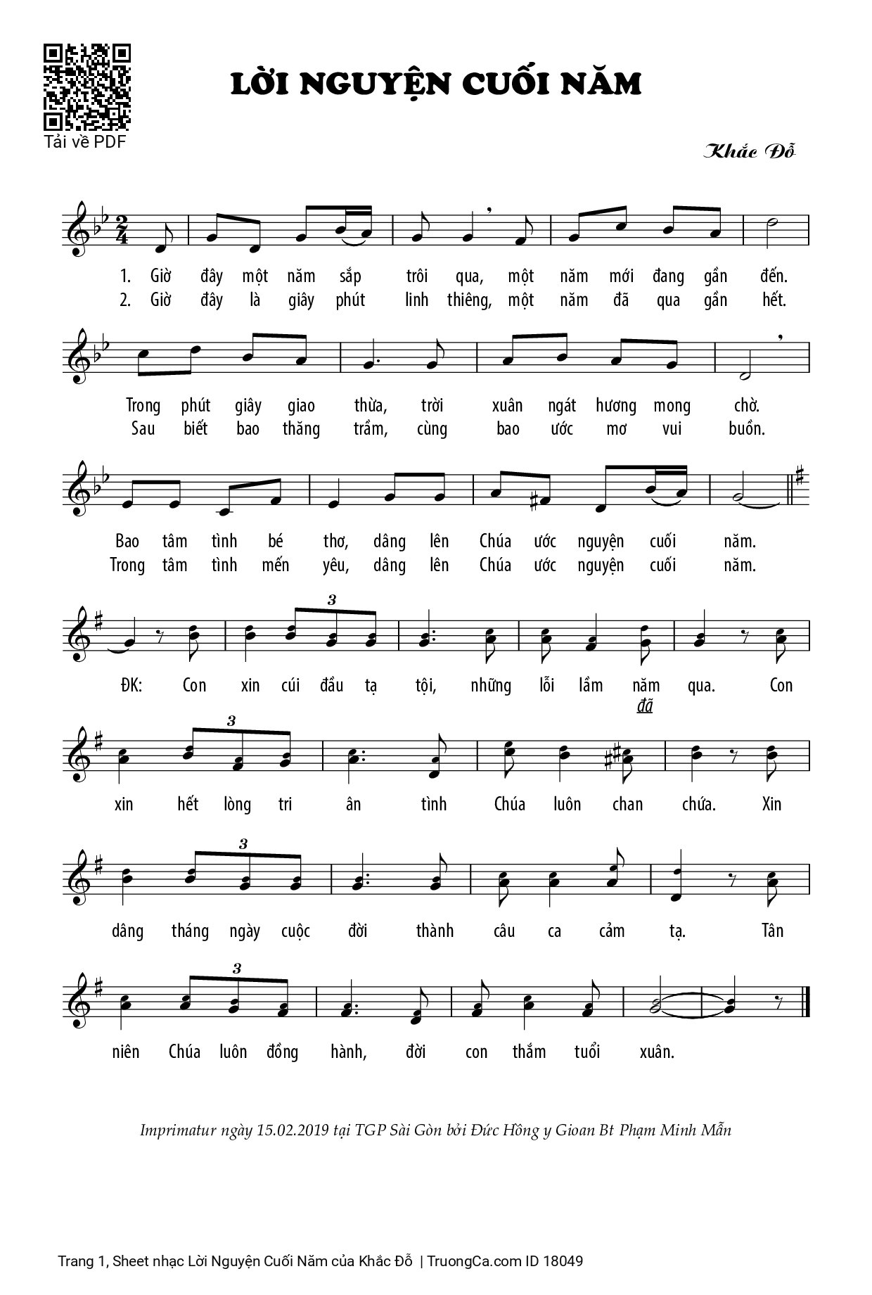 Sheet PDF of Lời Nguyện Cuối Năm