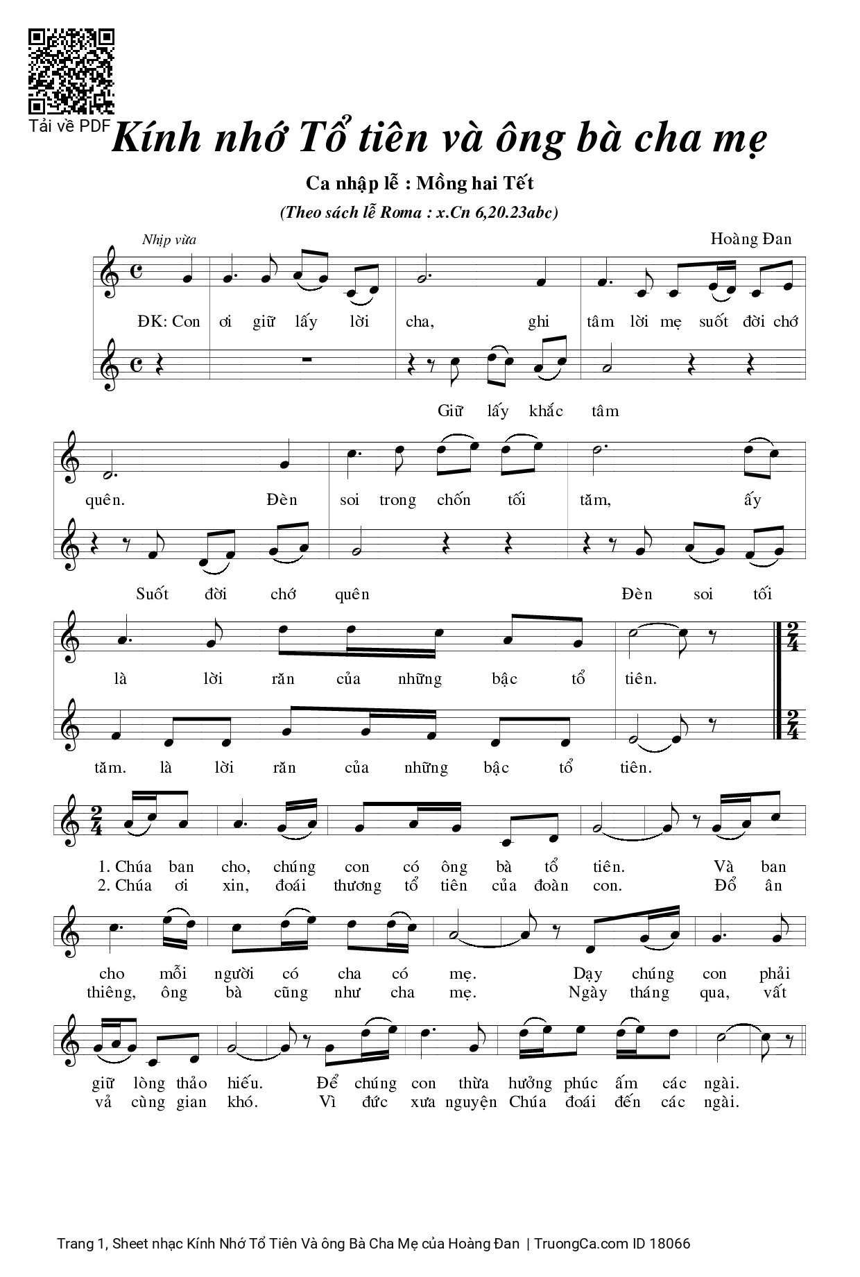 Sheet PDF of Kính Nhớ Tổ Tiên Và ông Bà Cha Mẹ