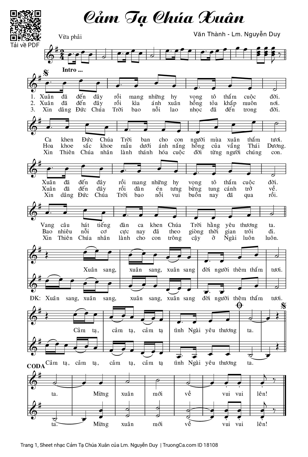 Sheet PDF of Cảm Tạ Chúa Xuân