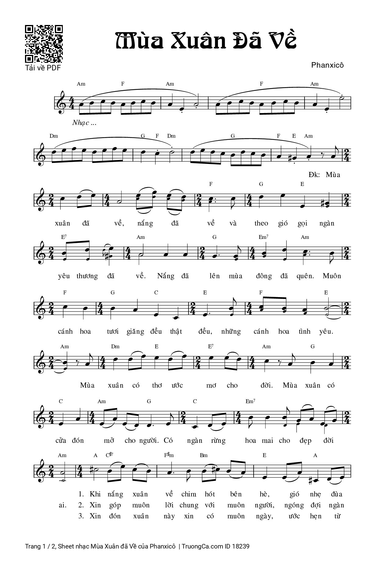 Sheet PDF of Mùa Xuân đã Về