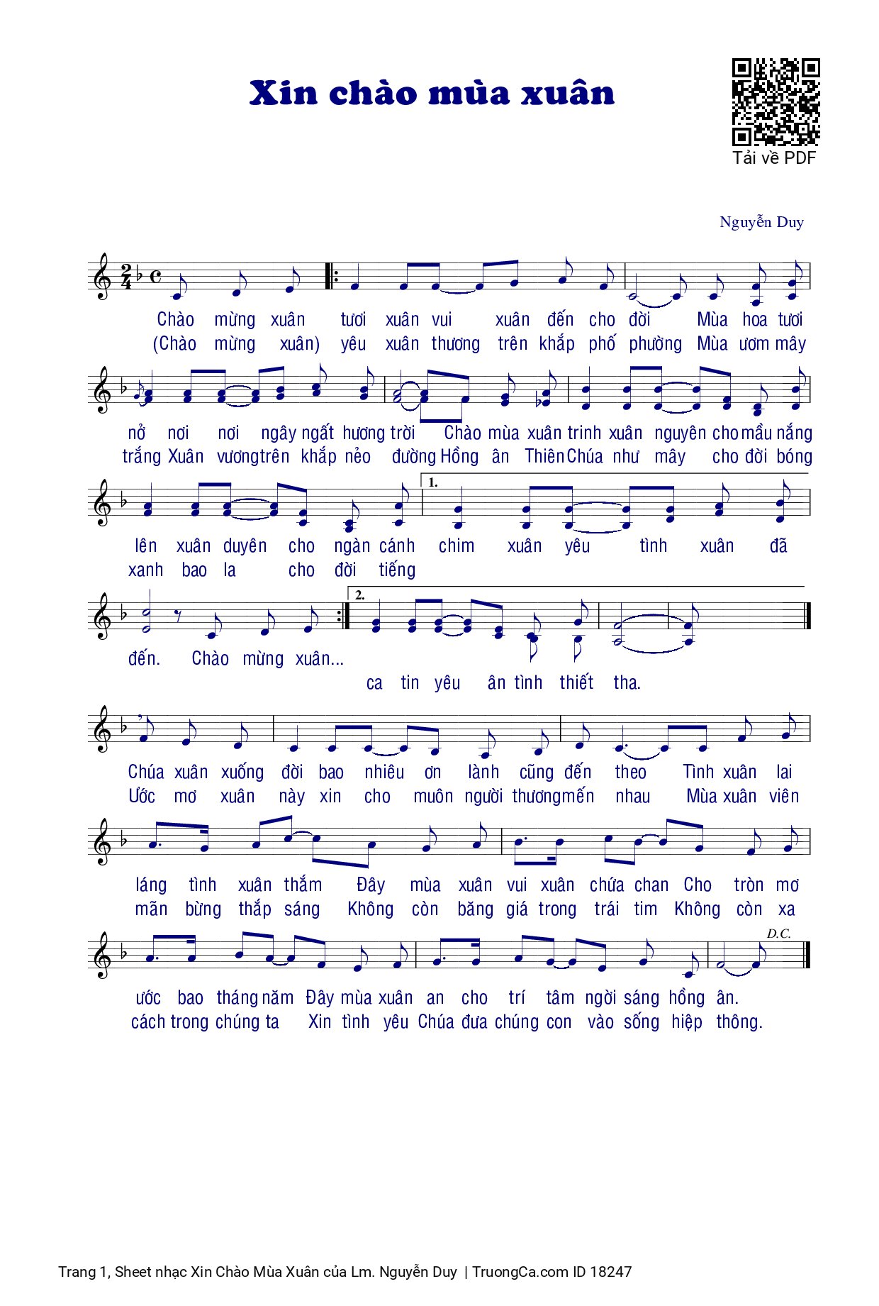 Sheet PDF of Xin Chào Mùa Xuân