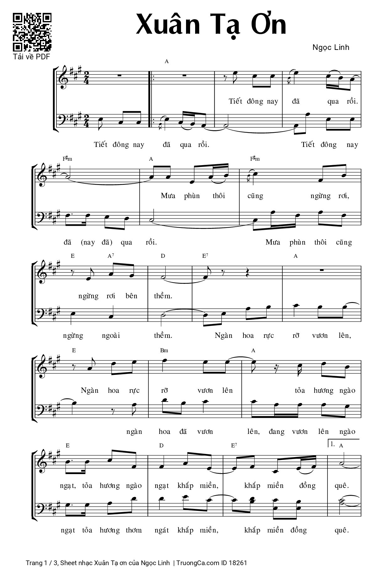Page 1 of Sheet music PDF Xuân Tạ ơn - Ngọc Linh
