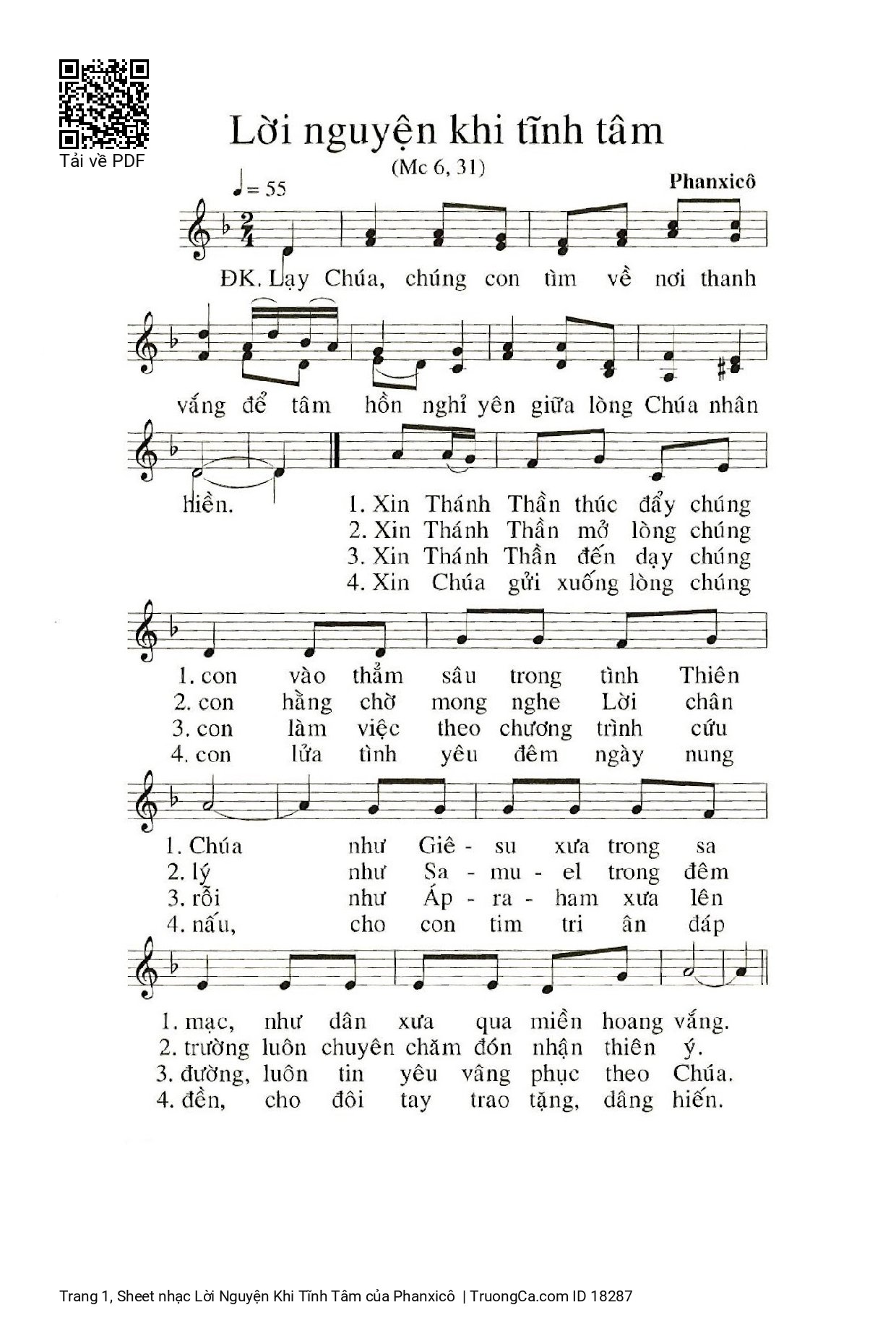 Sheet PDF of Lời Nguyện Khi Tĩnh Tâm