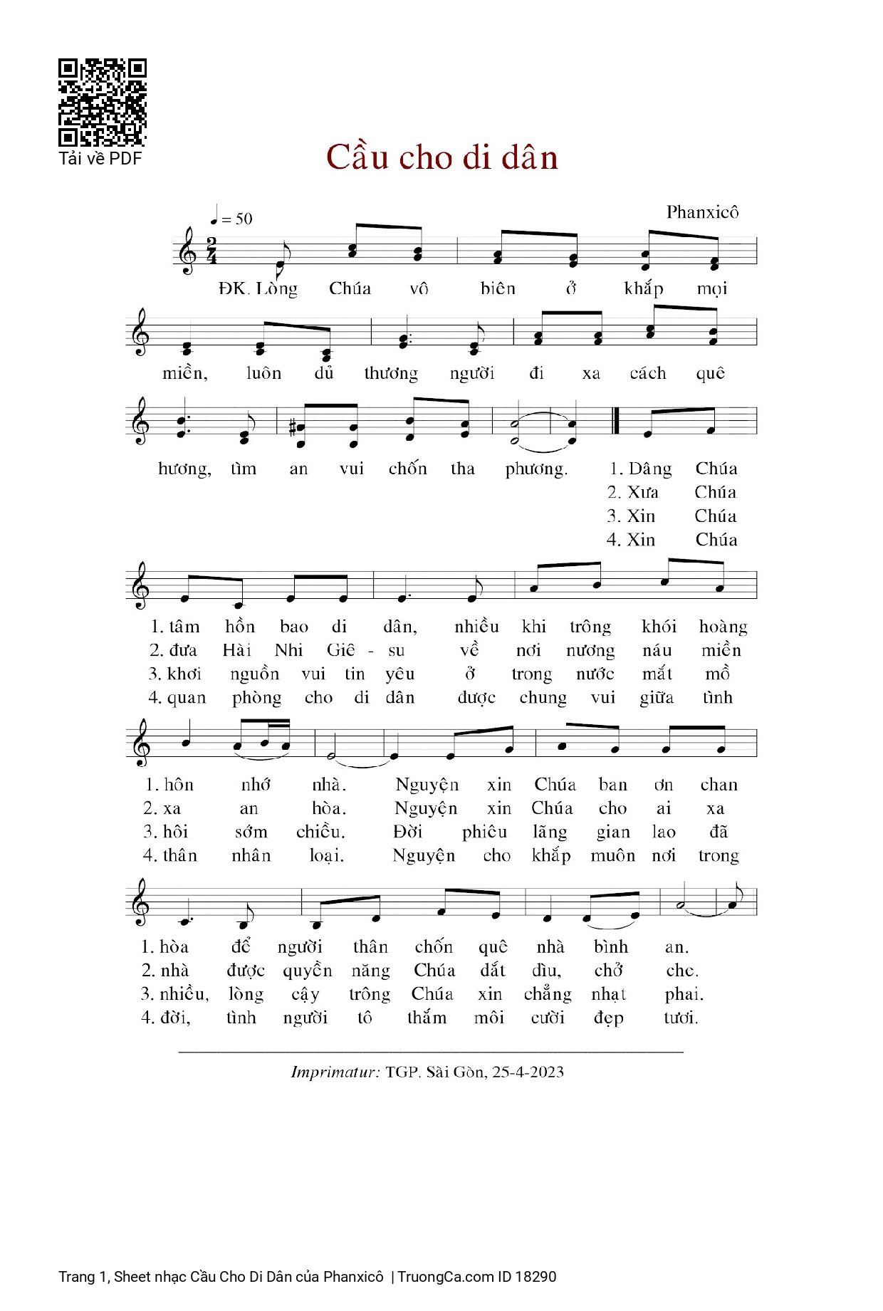 Page 1 of Sheet music PDF Cầu Cho Di Dân - Phanxicô