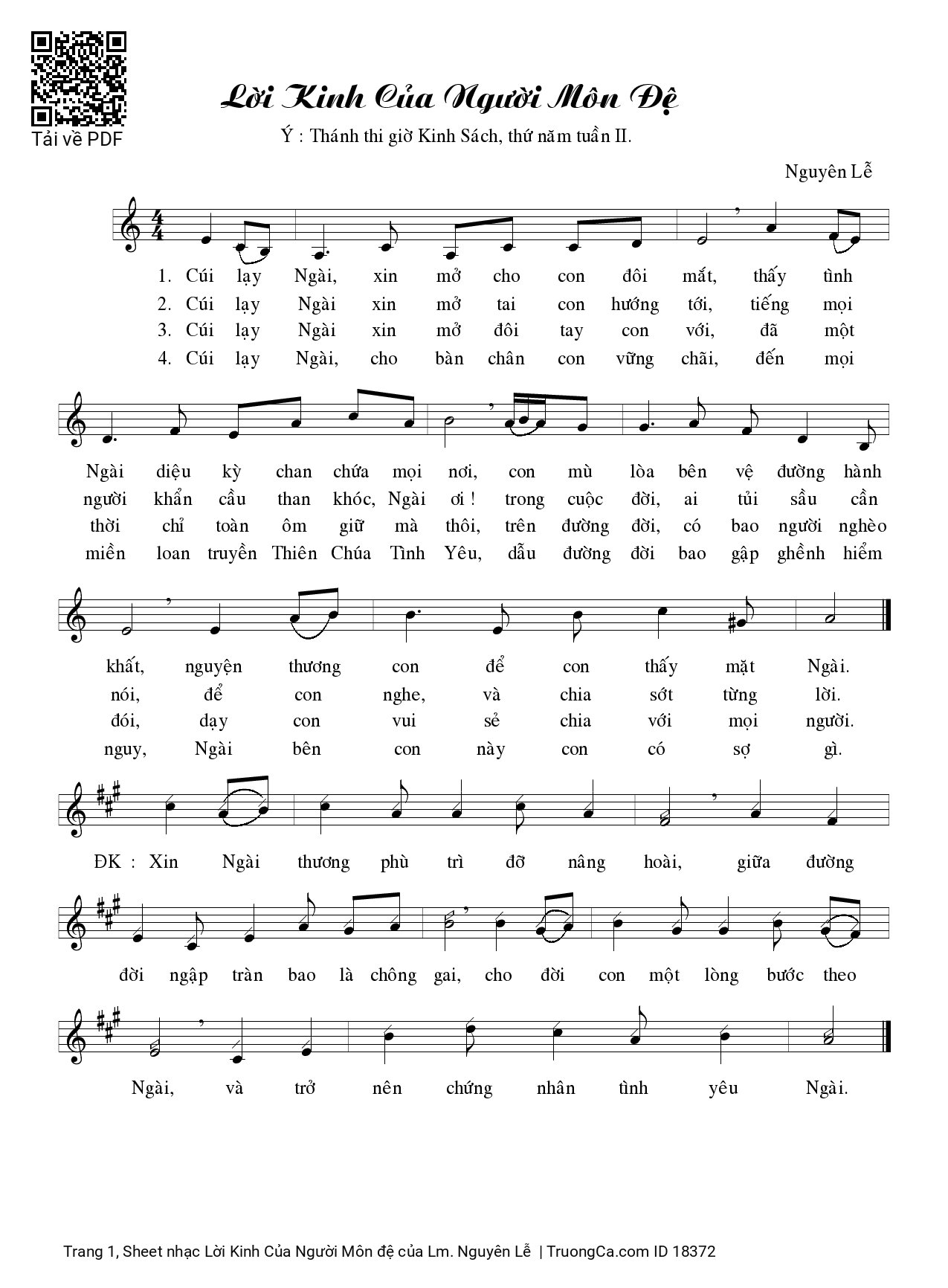 Page 1 of Sheet music PDF Lời Kinh Của Người Môn đệ - Lm. Nguyên Lễ