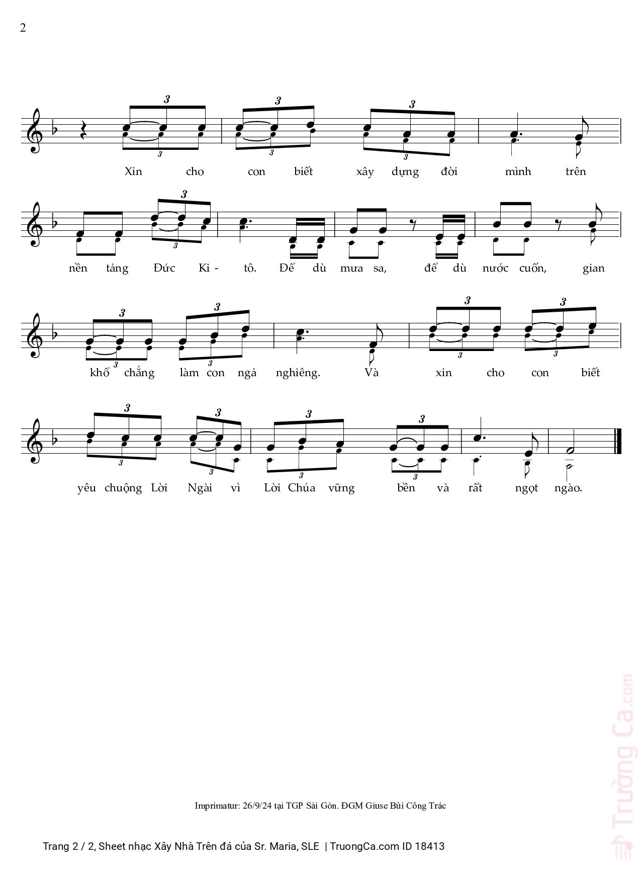 Page 2 of Sheet music PDF Xây Nhà Trên đá - Sr. Maria, SLE