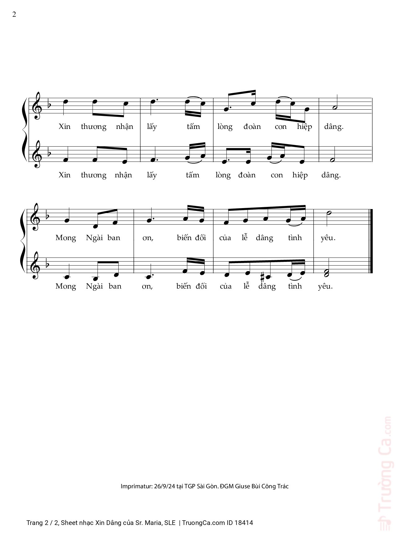 Page 2 of Sheet music PDF Xin Dâng - Sr. Maria, SLE