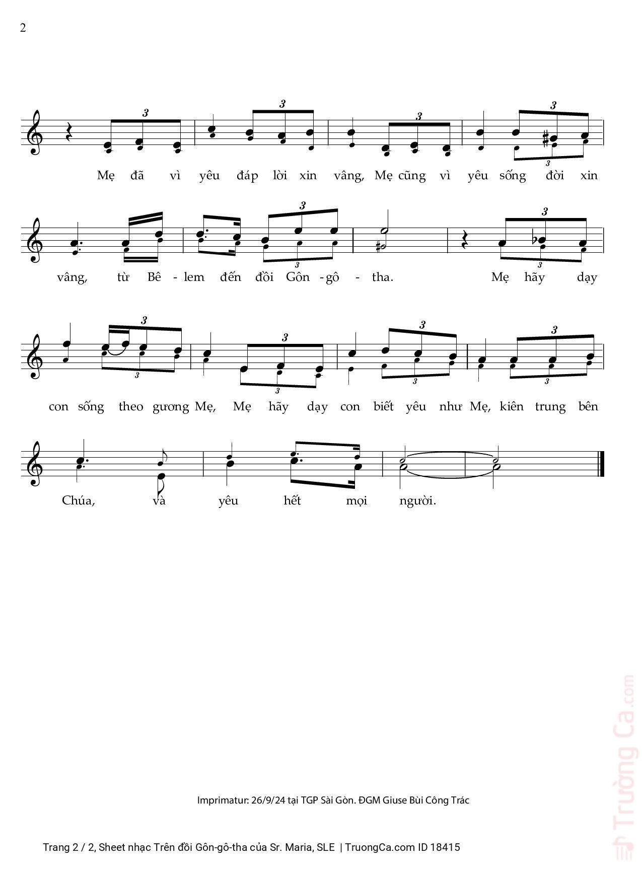 Page 2 of Sheet music PDF Trên đồi Gôn-gô-tha - Sr. Maria, SLE