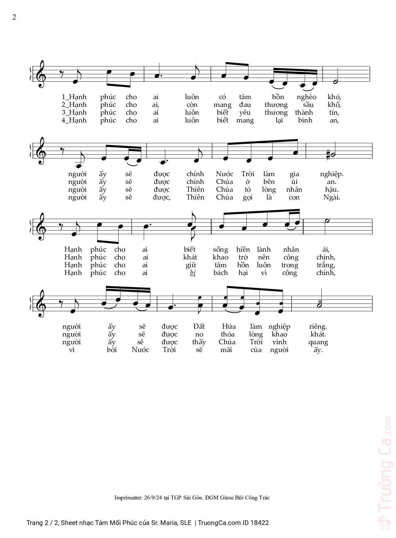 Page 2 of Sheet music PDF Tám Mối Phúc - Sr. Maria, SLE