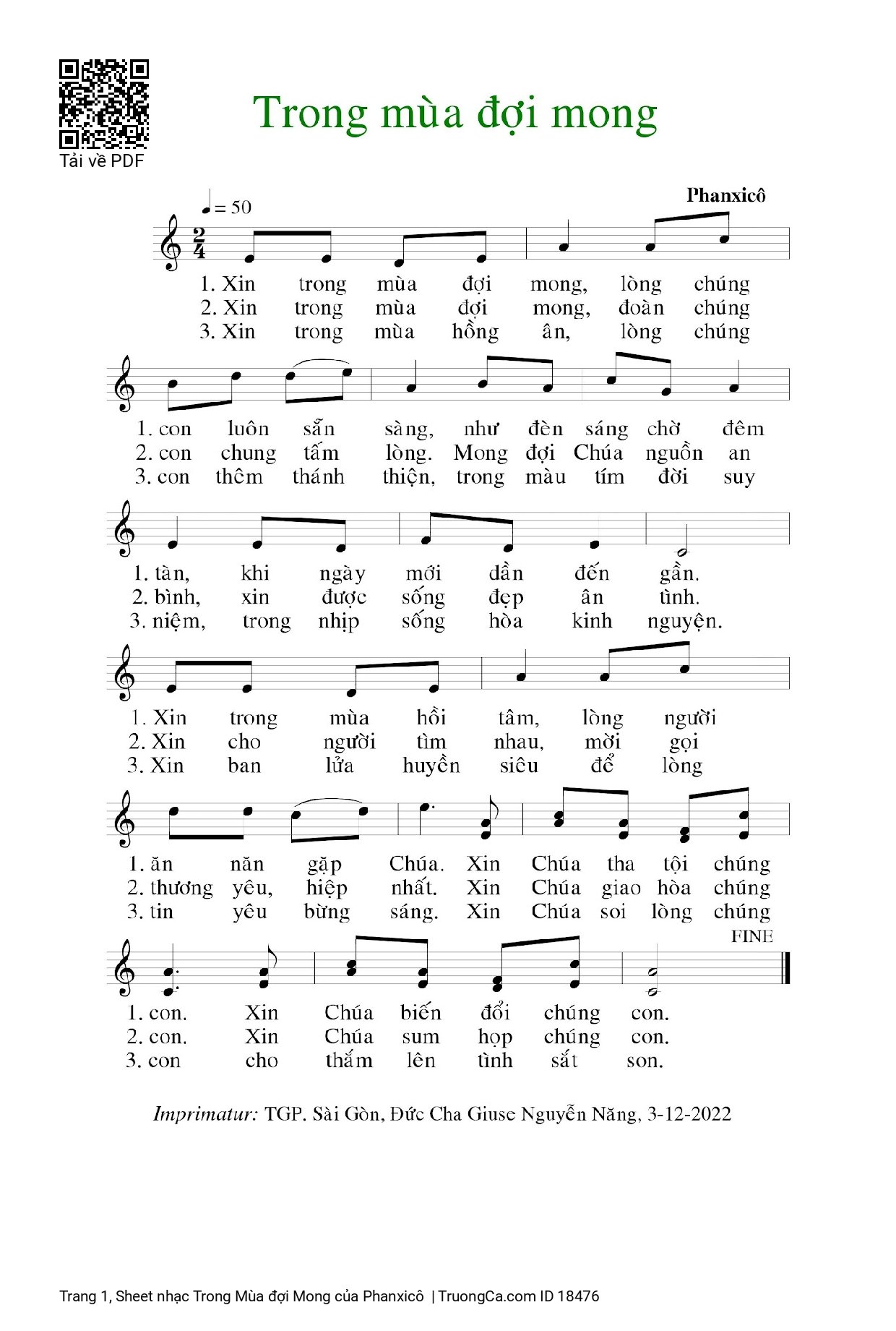 Sheet PDF of Trong Mùa đợi Mong