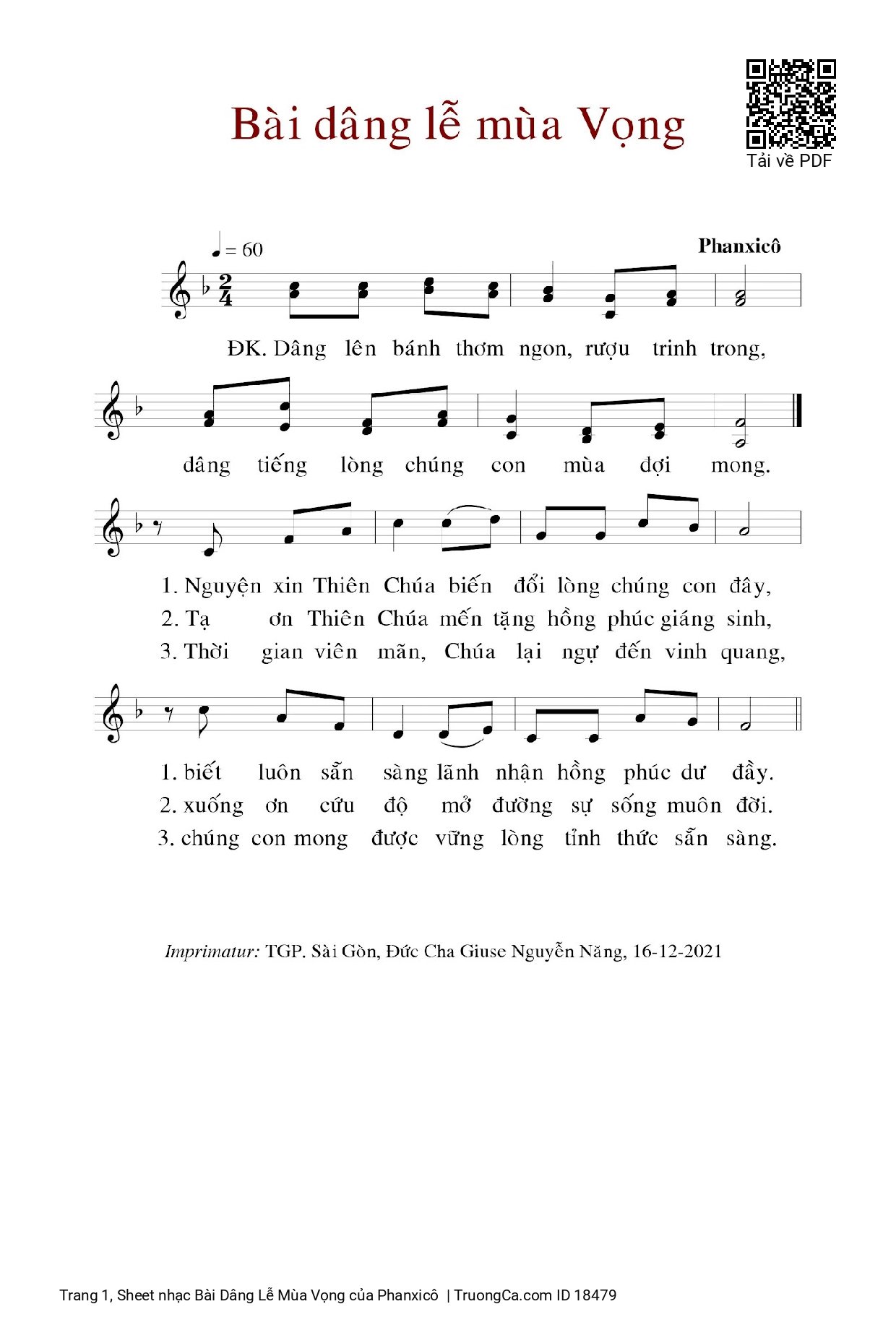 Sheet PDF of Bài Dâng Lễ Mùa Vọng