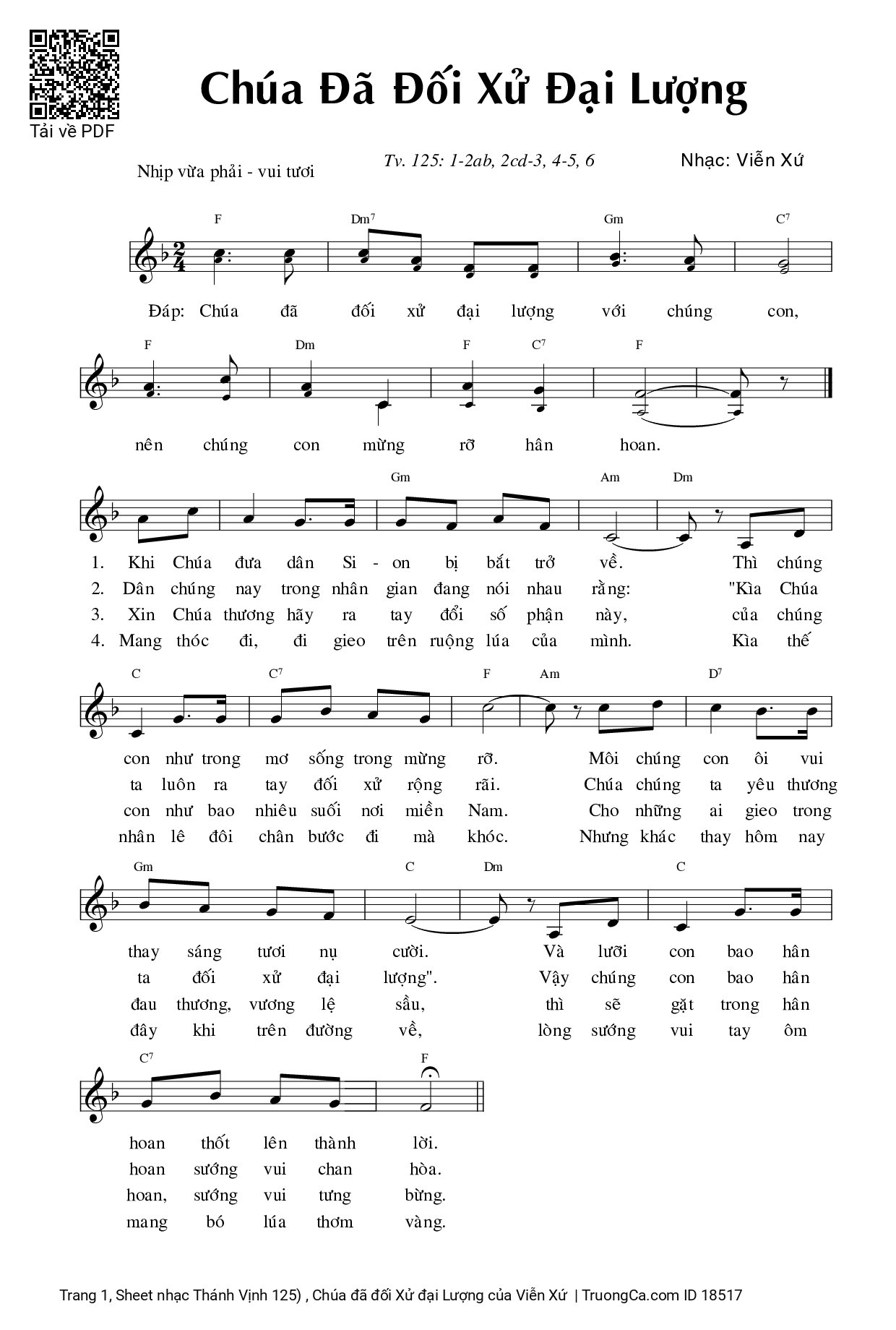 Sheet PDF of Thánh Vịnh 125) , Chúa đã đối Xử đại Lượng