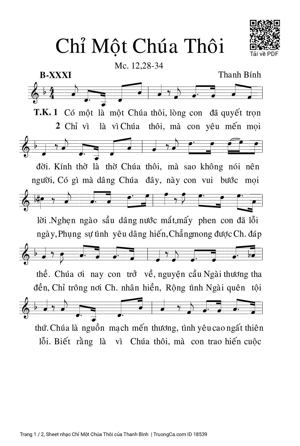 Sheet PDF of Chỉ Một Chúa Thôi