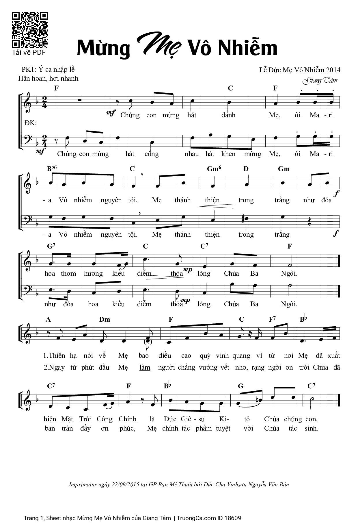 Sheet PDF of Mừng Mẹ Vô Nhiễm
