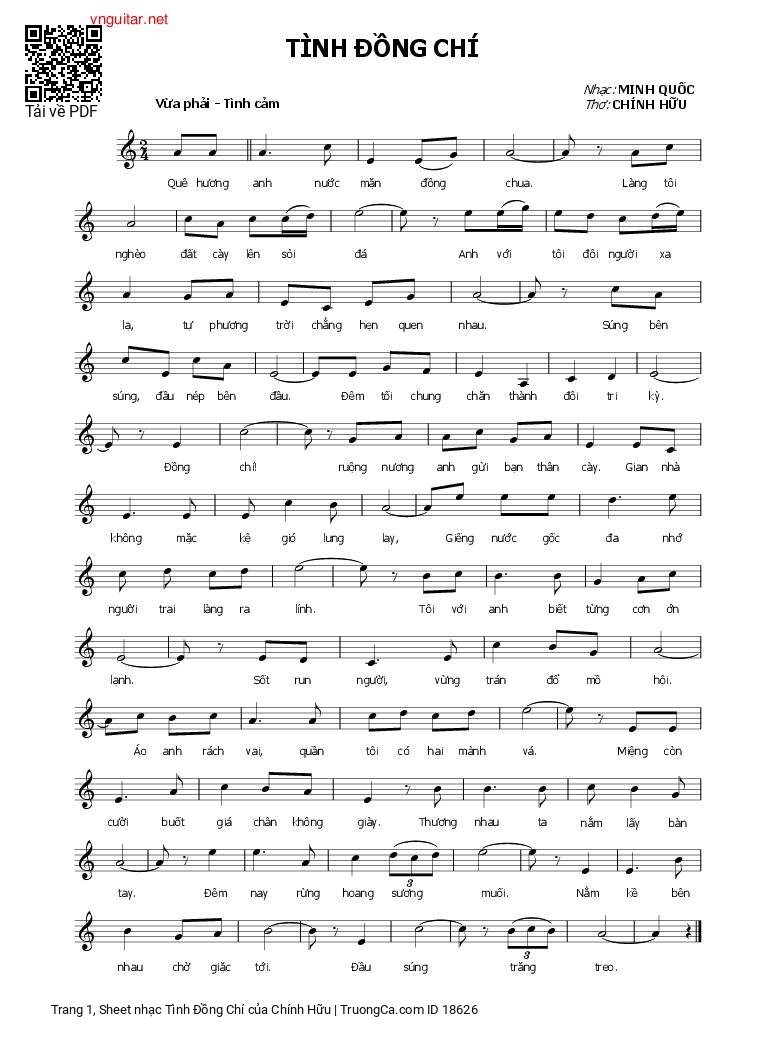 Page 1 of Sheet music PDF Tình Đồng Chí - Chính Hữu