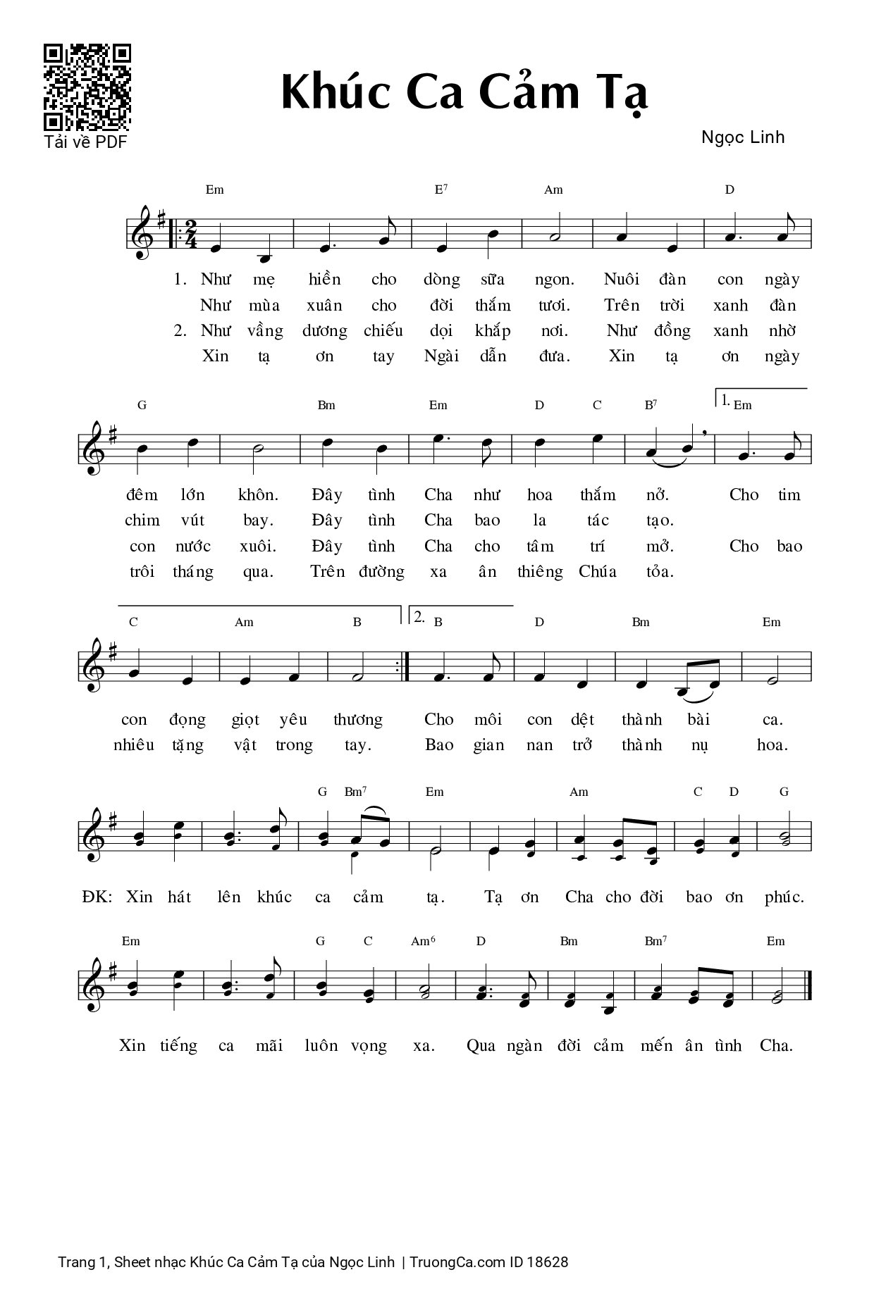 Sheet PDF of Khúc Ca Cảm Tạ
