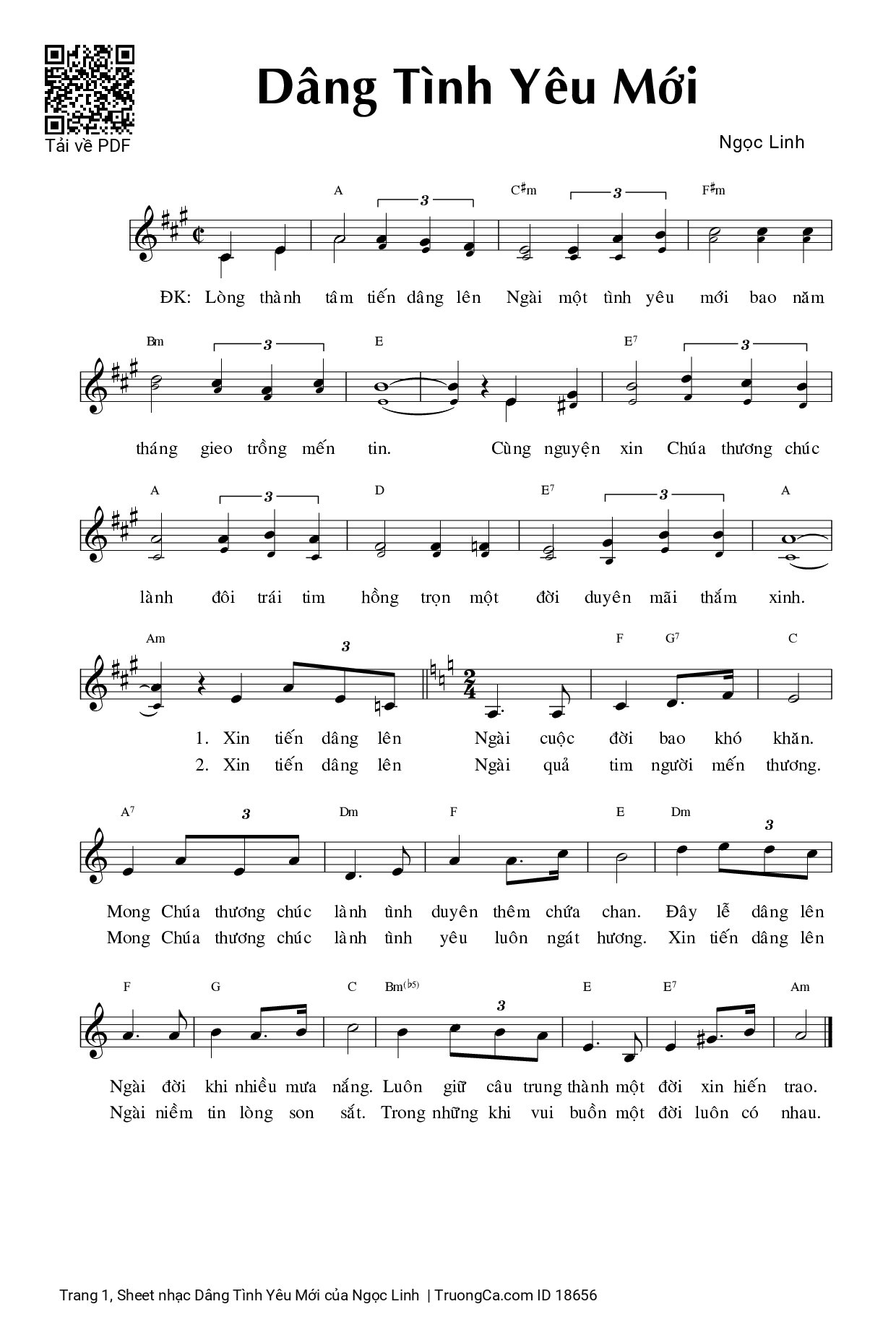Page 1 of Sheet music PDF Dâng Tình Yêu Mới - Ngọc Linh