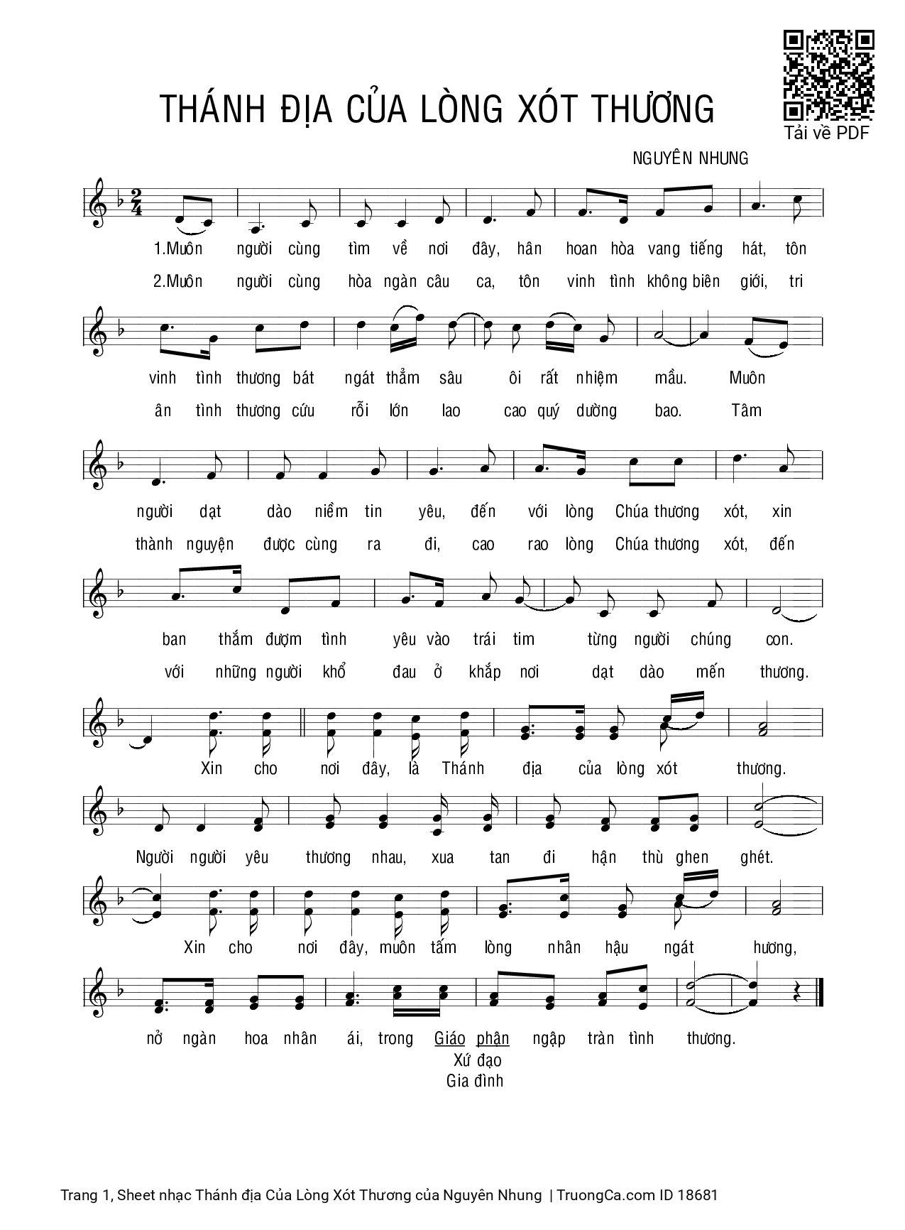 Page 1 of Sheet music PDF Thánh địa Của Lòng Xót Thương - Nguyên Nhung