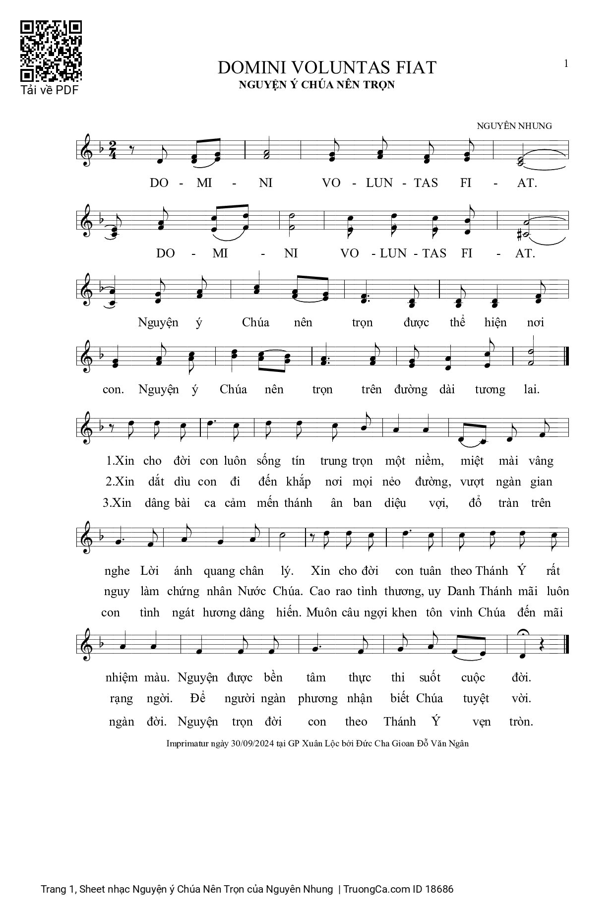 Page 1 of Sheet music PDF Nguyện ý Chúa Nên Trọn - Nguyên Nhung