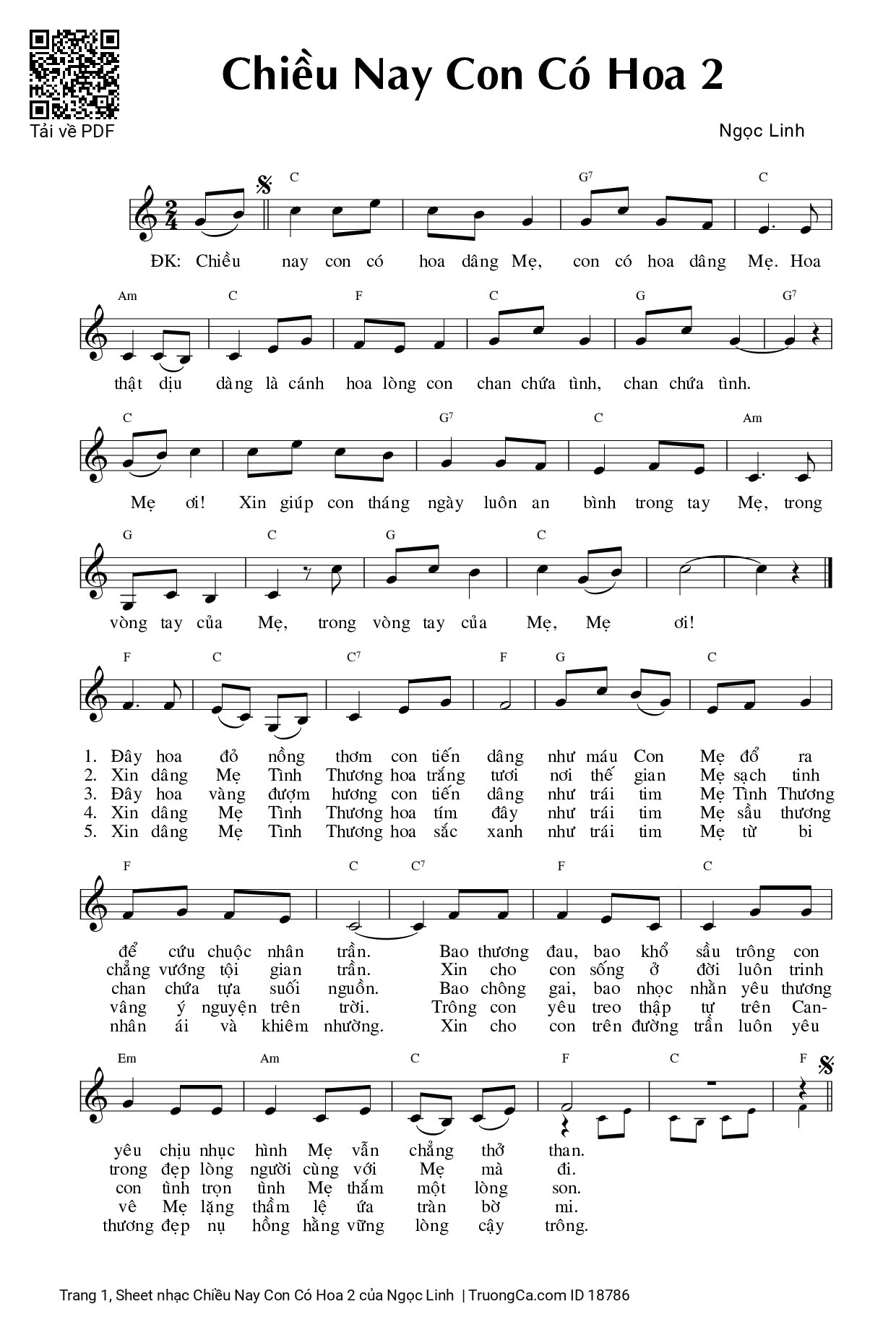 Page 1 of Sheet music PDF Chiều Nay Con Có Hoa 2 - Ngọc Linh