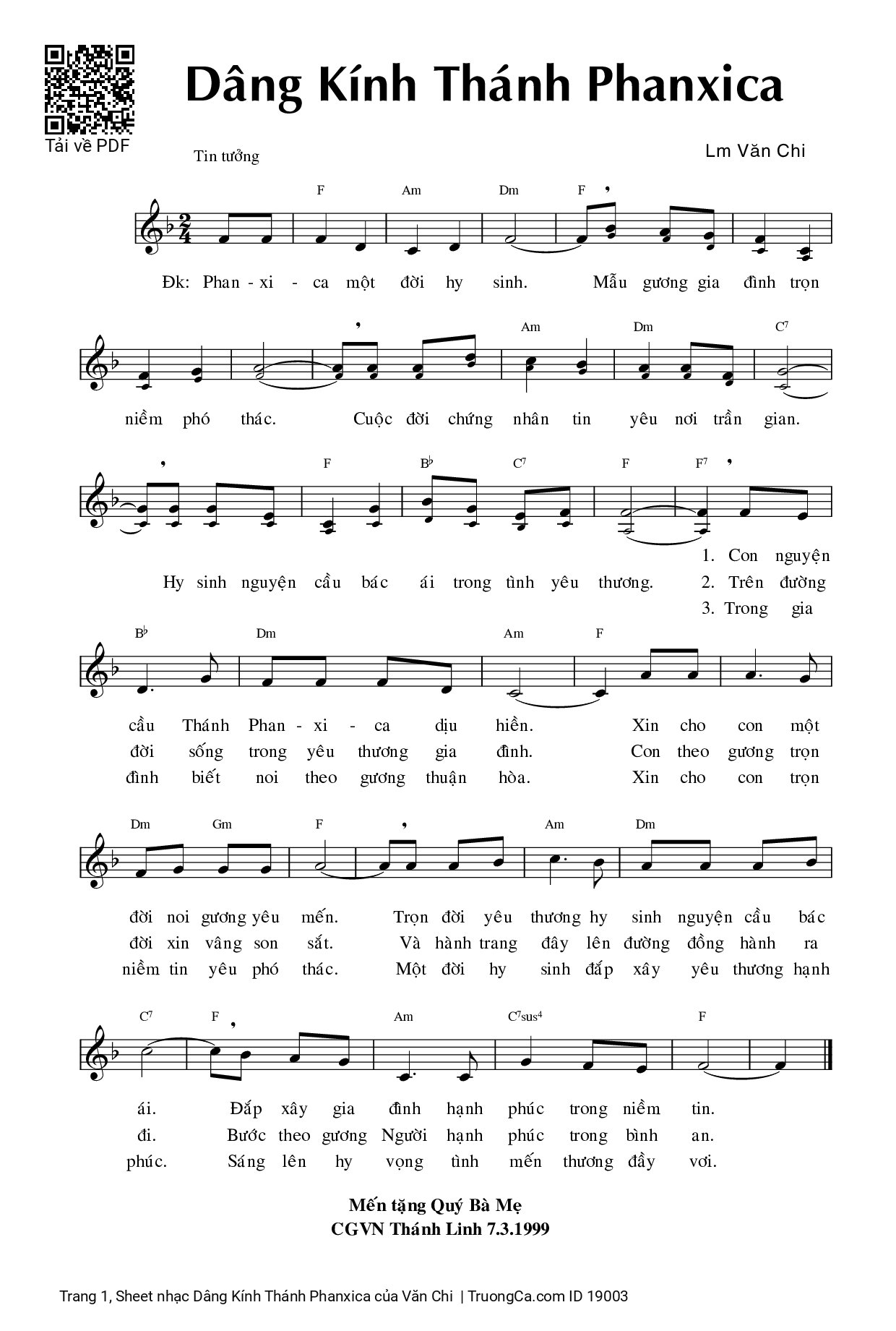 Sheet PDF of Dâng Kính Thánh Phanxica