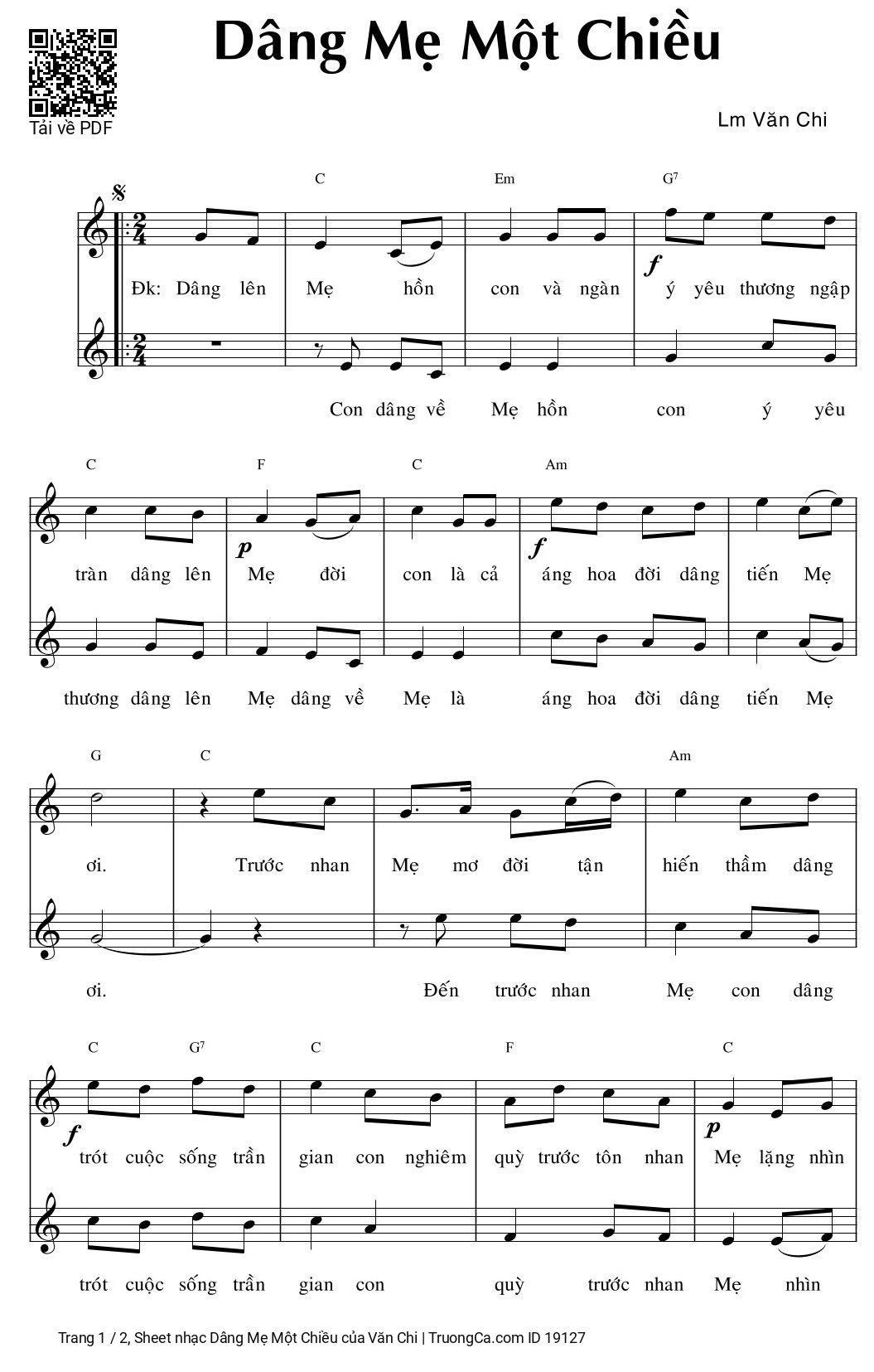 Sheet PDF of Dâng Mẹ Một Chiều