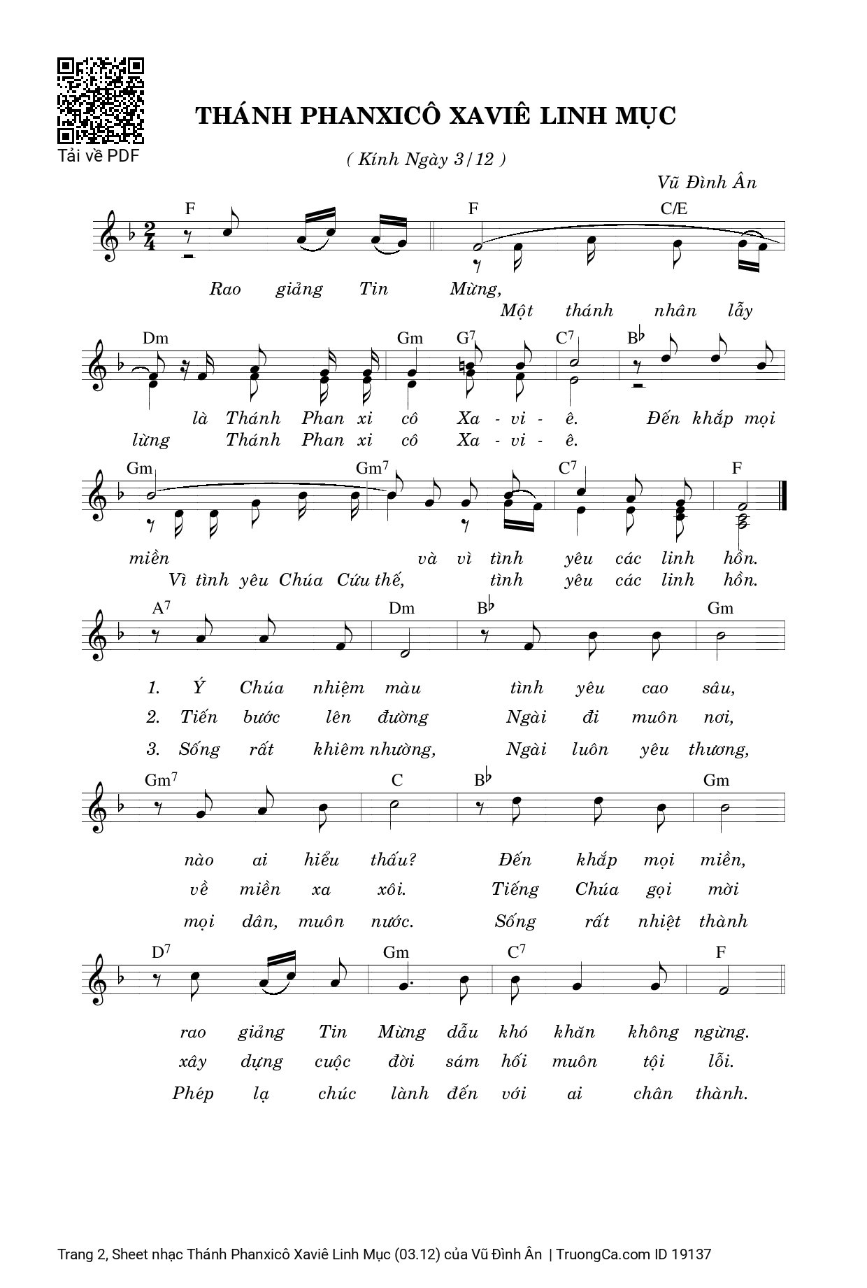 Page 2 of Sheet music PDF Thánh Phanxicô Xaviê Linh Mục (03.12) - Vũ Đình Ân
