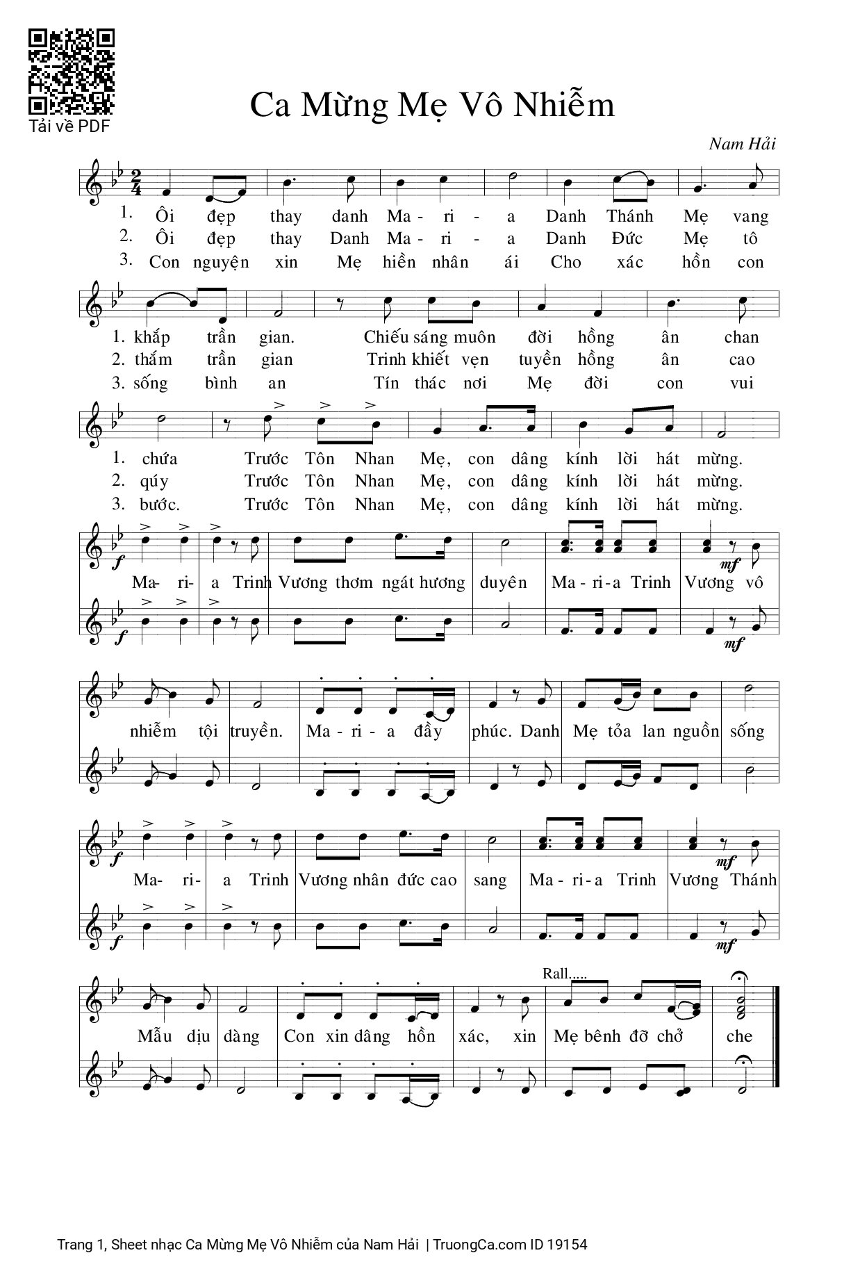 Page 1 of Sheet music PDF Ca Mừng Mẹ Vô Nhiễm - Nam Hải