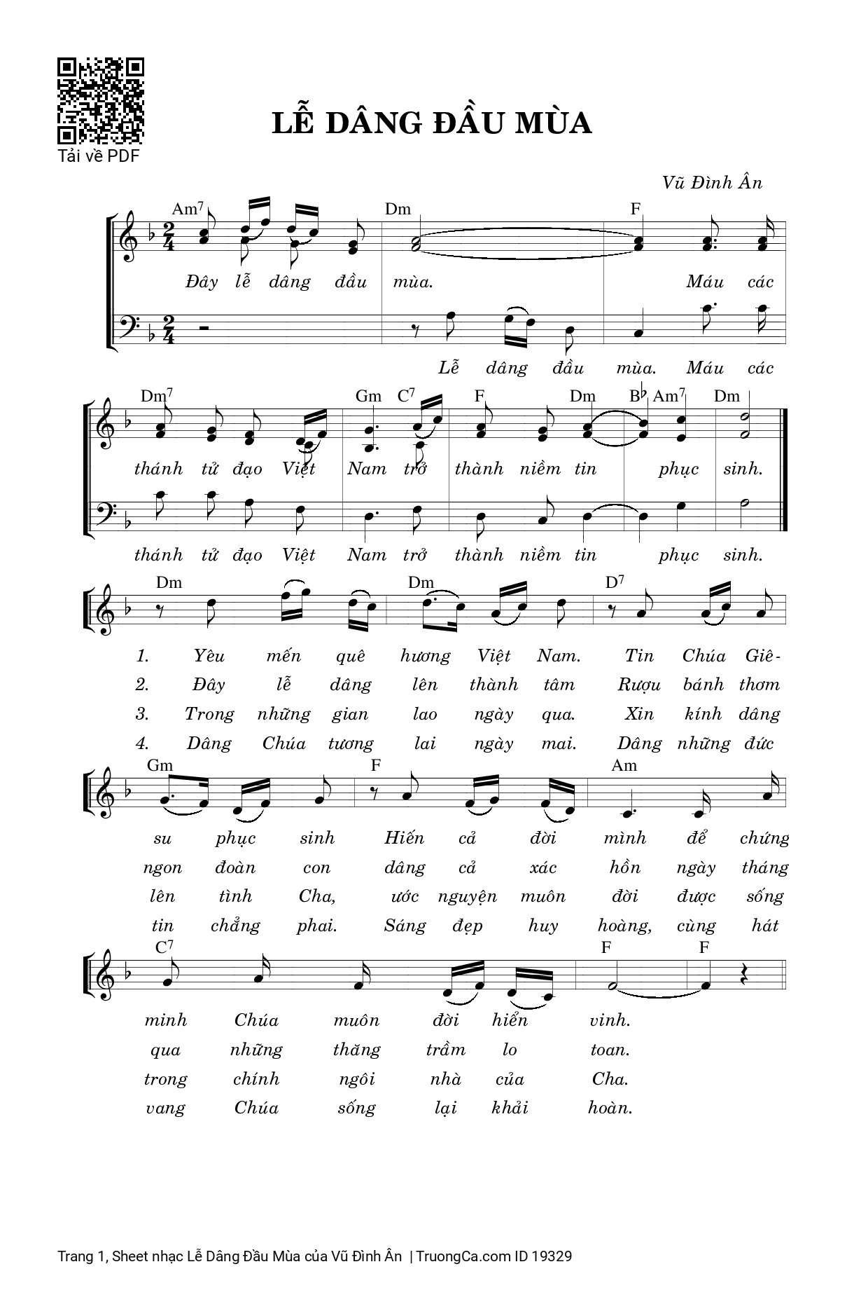 Page 1 of Sheet music PDF Lễ Dâng Đầu Mùa - Vũ Đình Ân