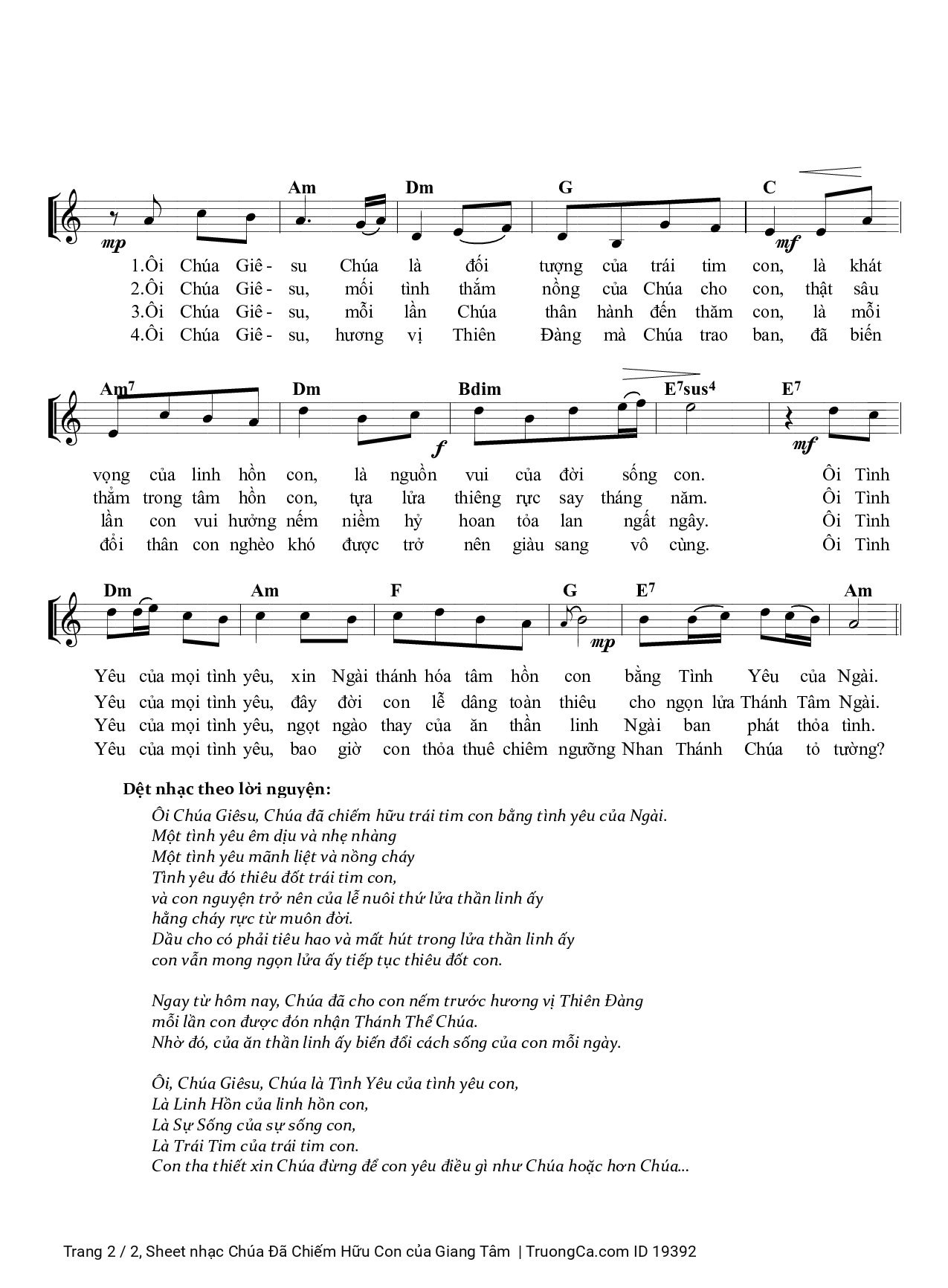 Page 2 of Sheet music PDF Chúa Đã Chiếm Hữu Con - Giang Tâm