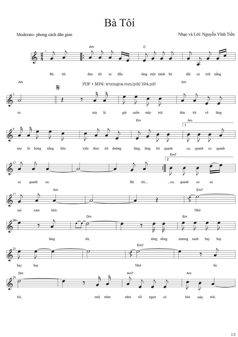 Page 1 of Sheet music PDF Bà tôi - Nguyễn Vĩnh Tiến