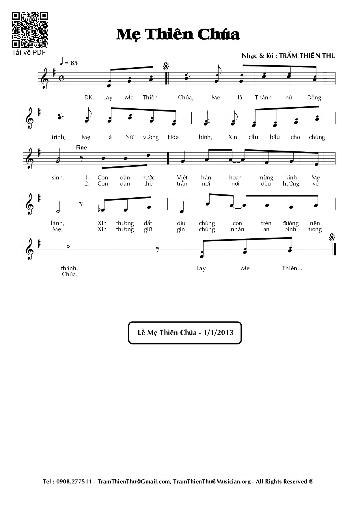 Page 1 of Sheet music PDF Mẹ Thiên Chúa - Trầm Thiên Thu