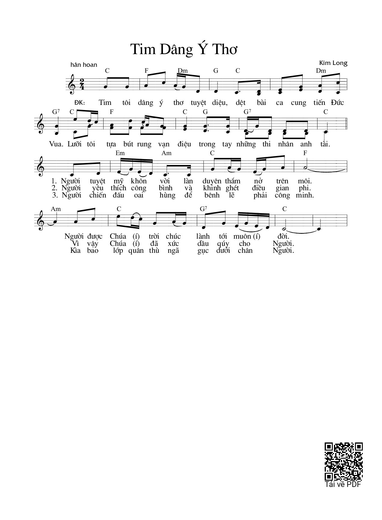 Page 1 of Sheet music PDF Tim Dâng Ý Thơ - Kim Long