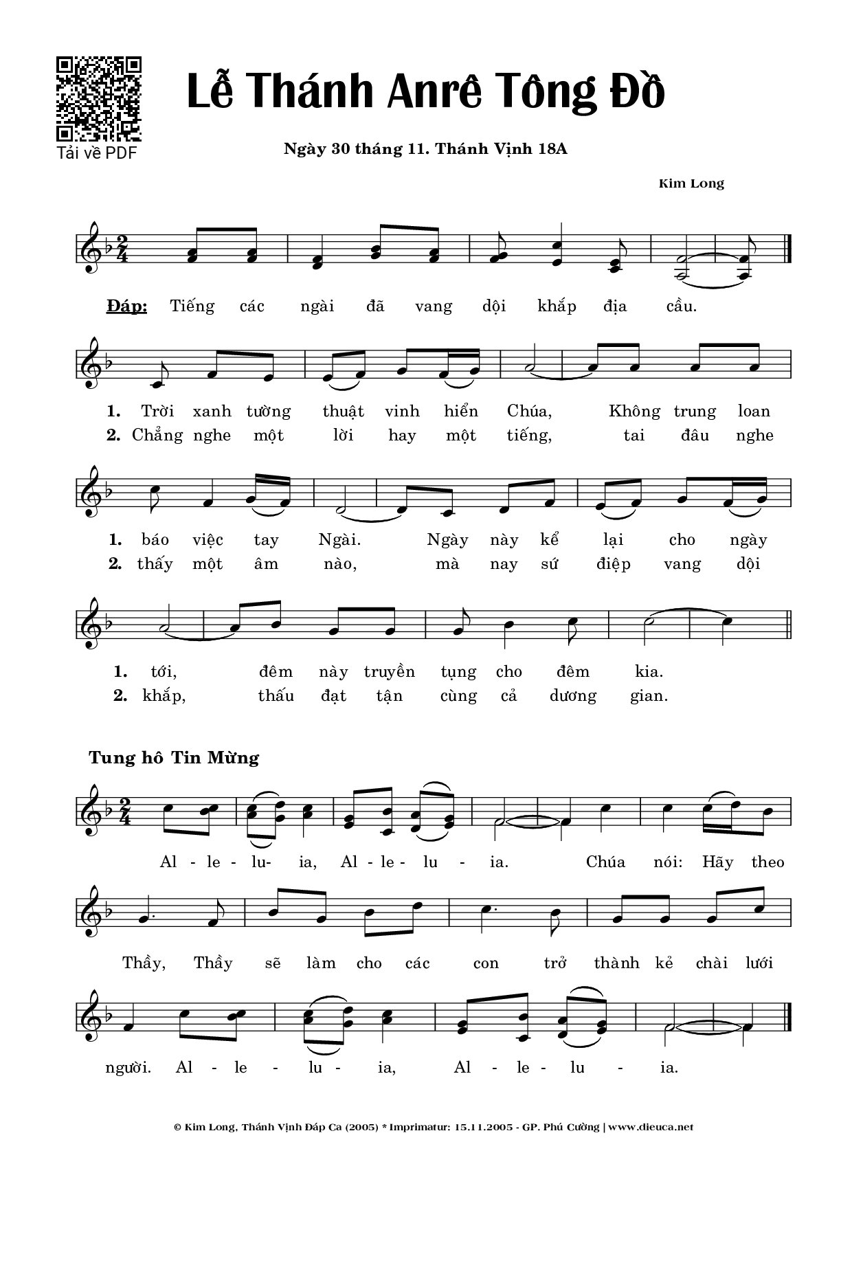 Sheet PDF of Thánh Vịnh 18A, 30-11. Lễ Thánh Anrê Tông Đồ