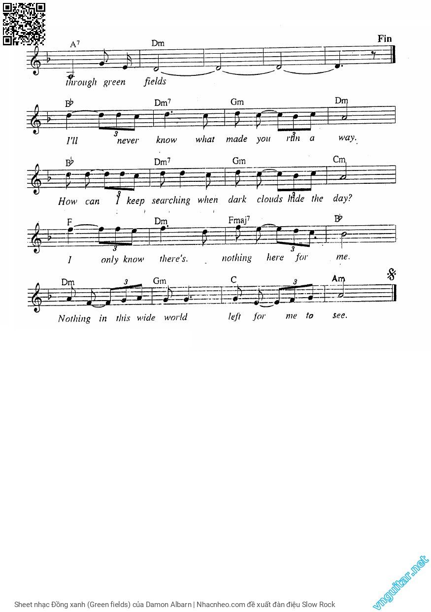 Page 2 of Sheet music PDF Guitar Tab Đồng xanh (Green fields) - Damon Albarn