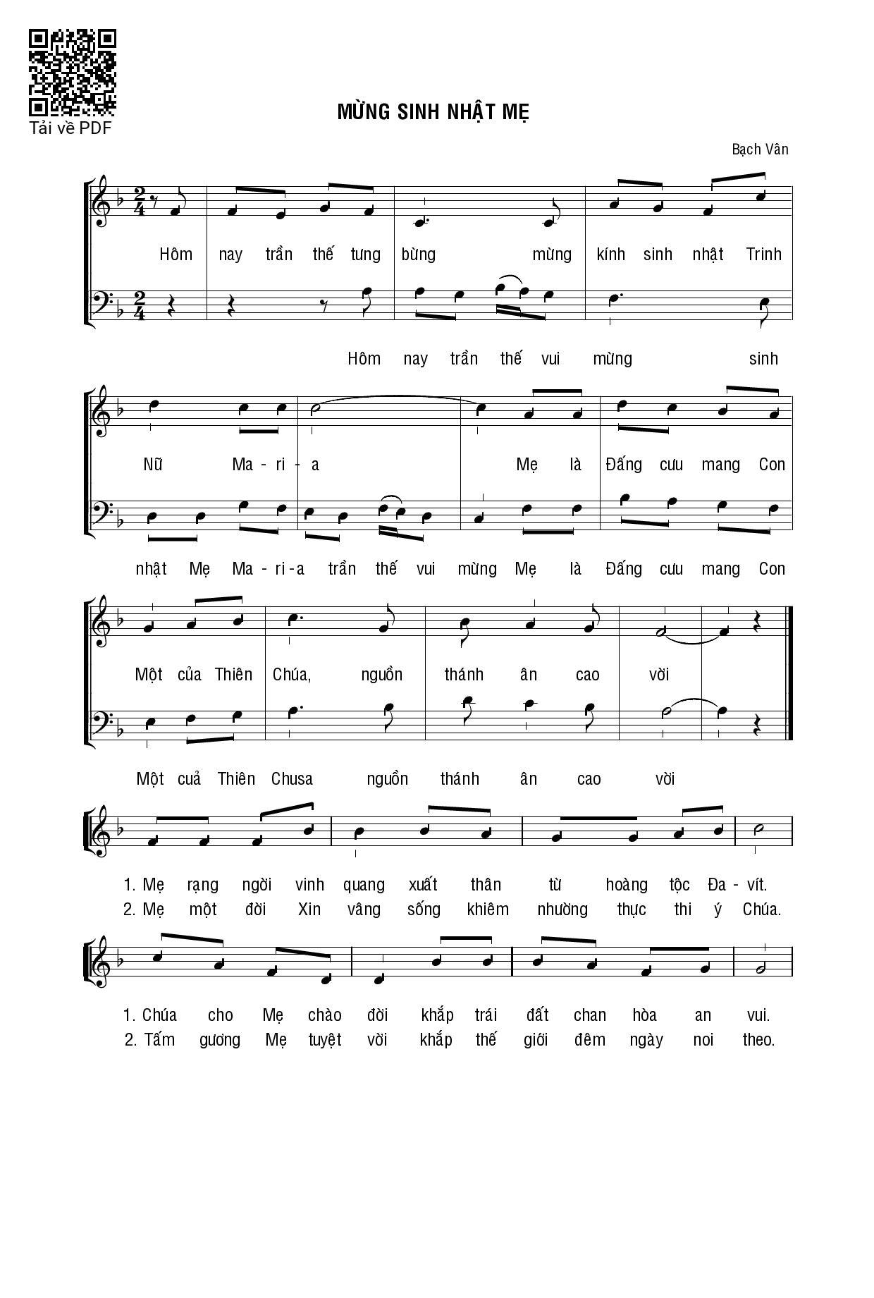 Page 1 of Sheet music PDF Mừng Sinh Nhật Mẹ - Bạch Vân