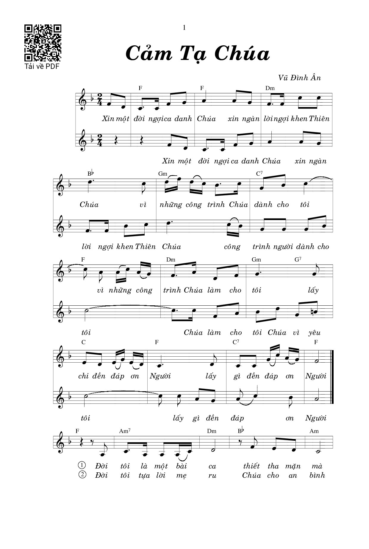 Page 1 of Sheet music PDF Cảm Tạ Chúa - Vũ Đình Ân