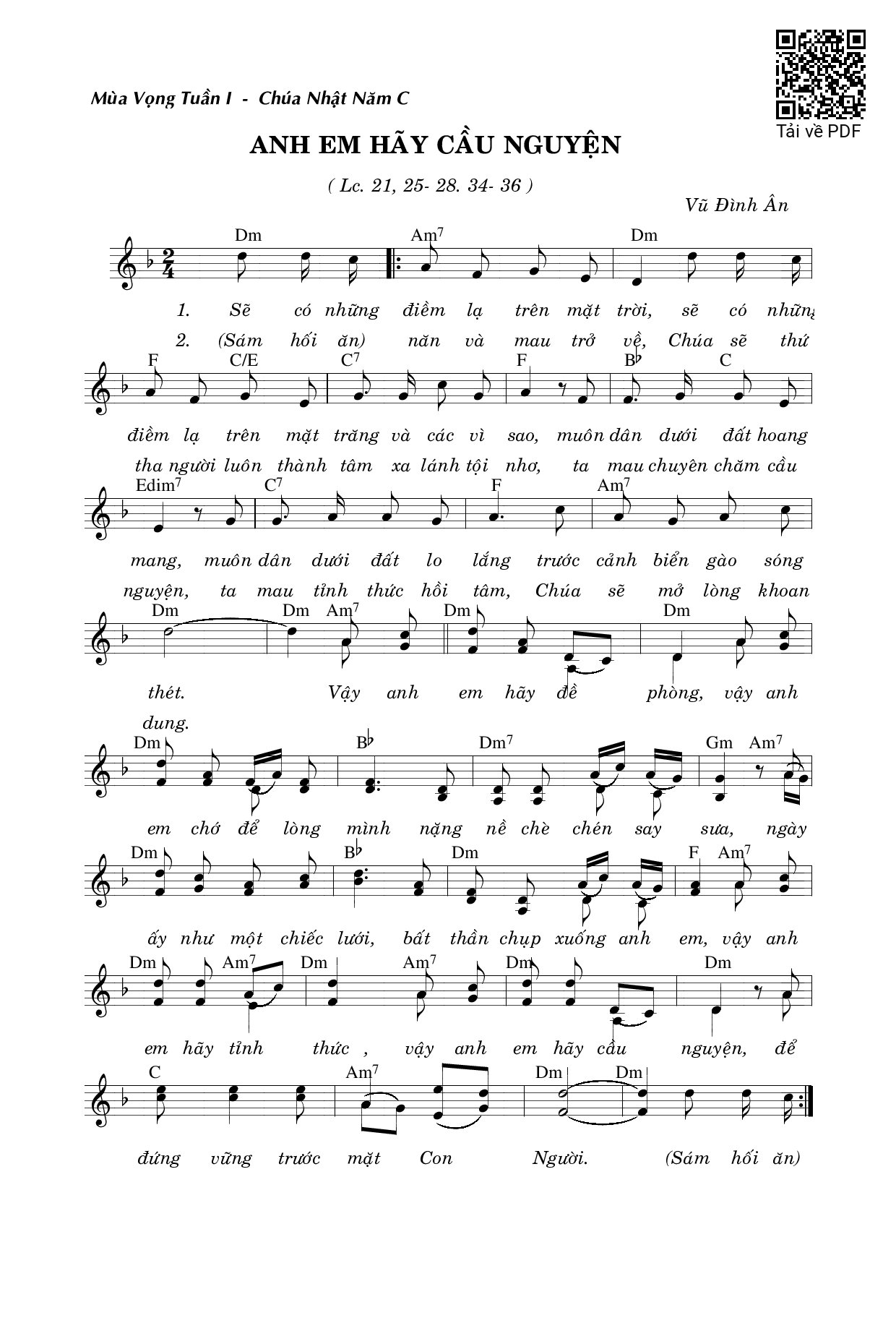 Page 1 of Sheet music PDF Anh Em Hãy Cầu Nguyện - Vũ Đình Ân