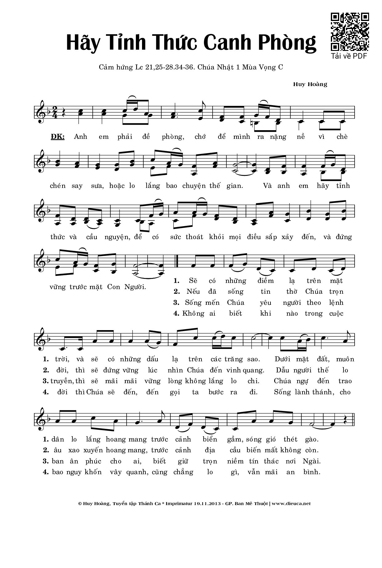 Sheet PDF of Hãy Tỉnh Thức Canh Phòng